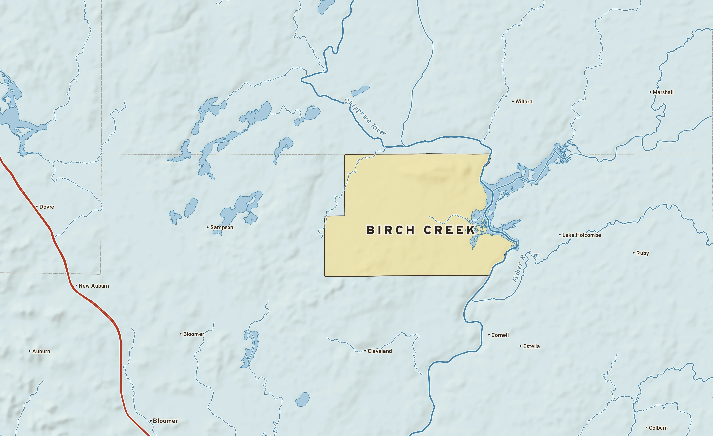 Shaded-relief atlas plate of Birch Creek, Wisconsin: rivers, roads, the city limits and where the water drains.