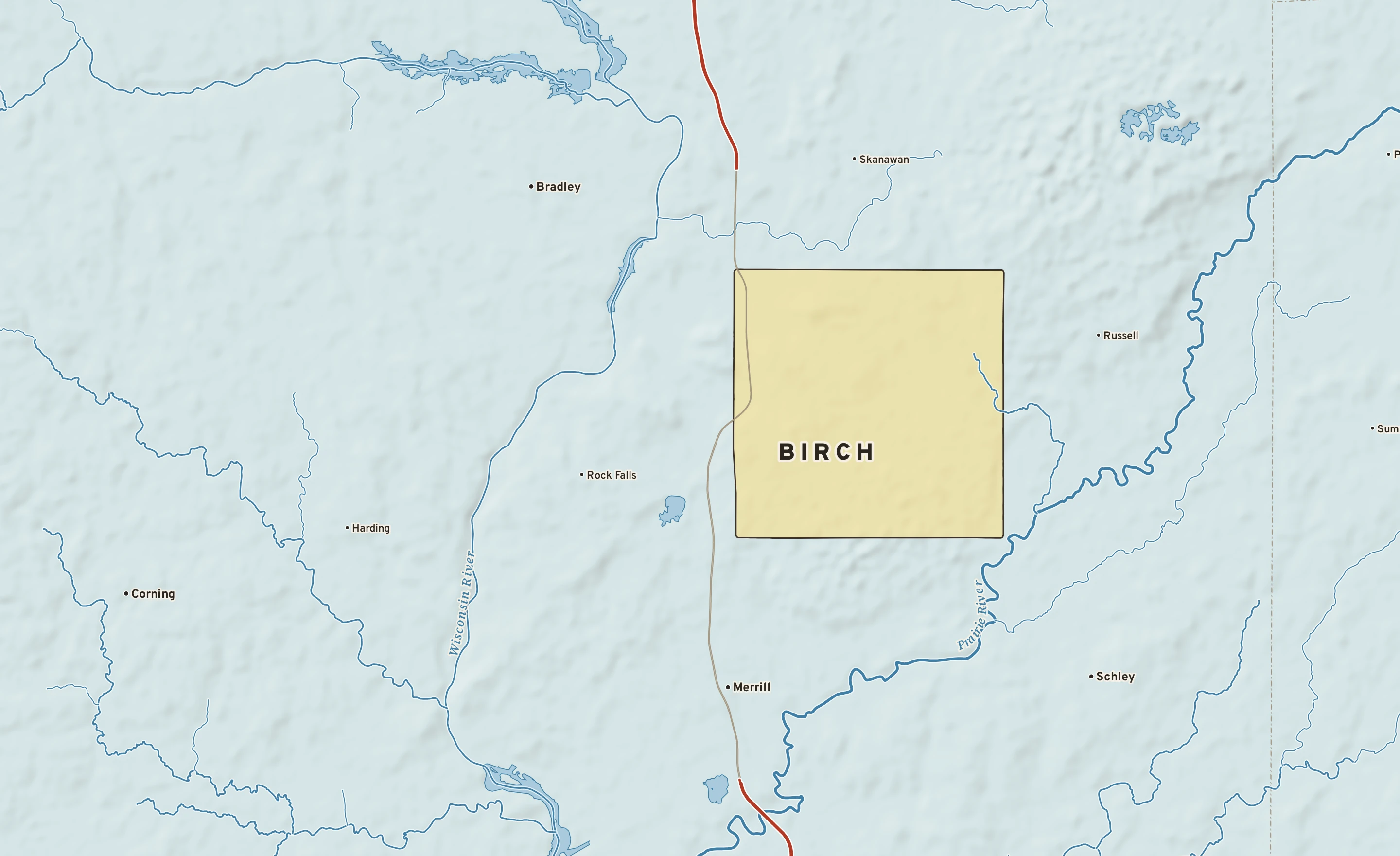 Shaded-relief atlas plate of Birch, Wisconsin: rivers, roads, the city limits and where the water drains.
