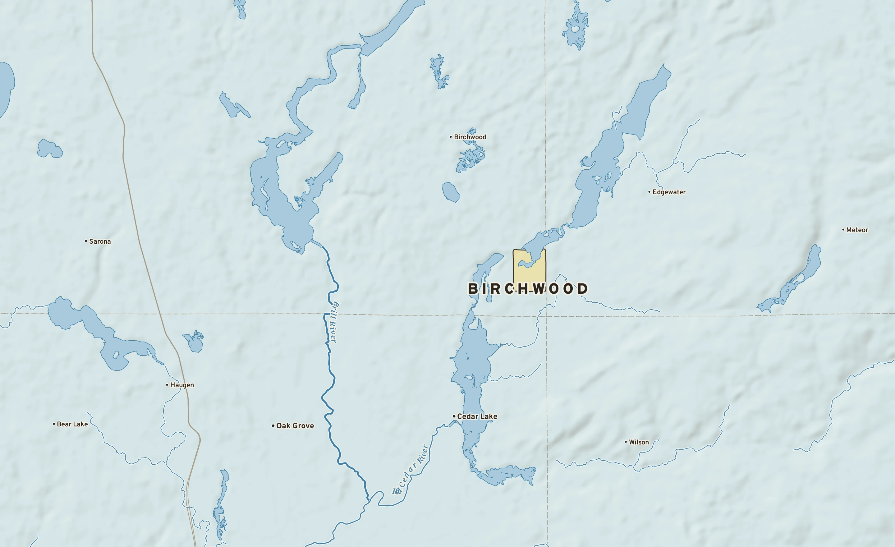 Shaded-relief atlas plate of Birchwood, Wisconsin: rivers, roads, the city limits and where the water drains.