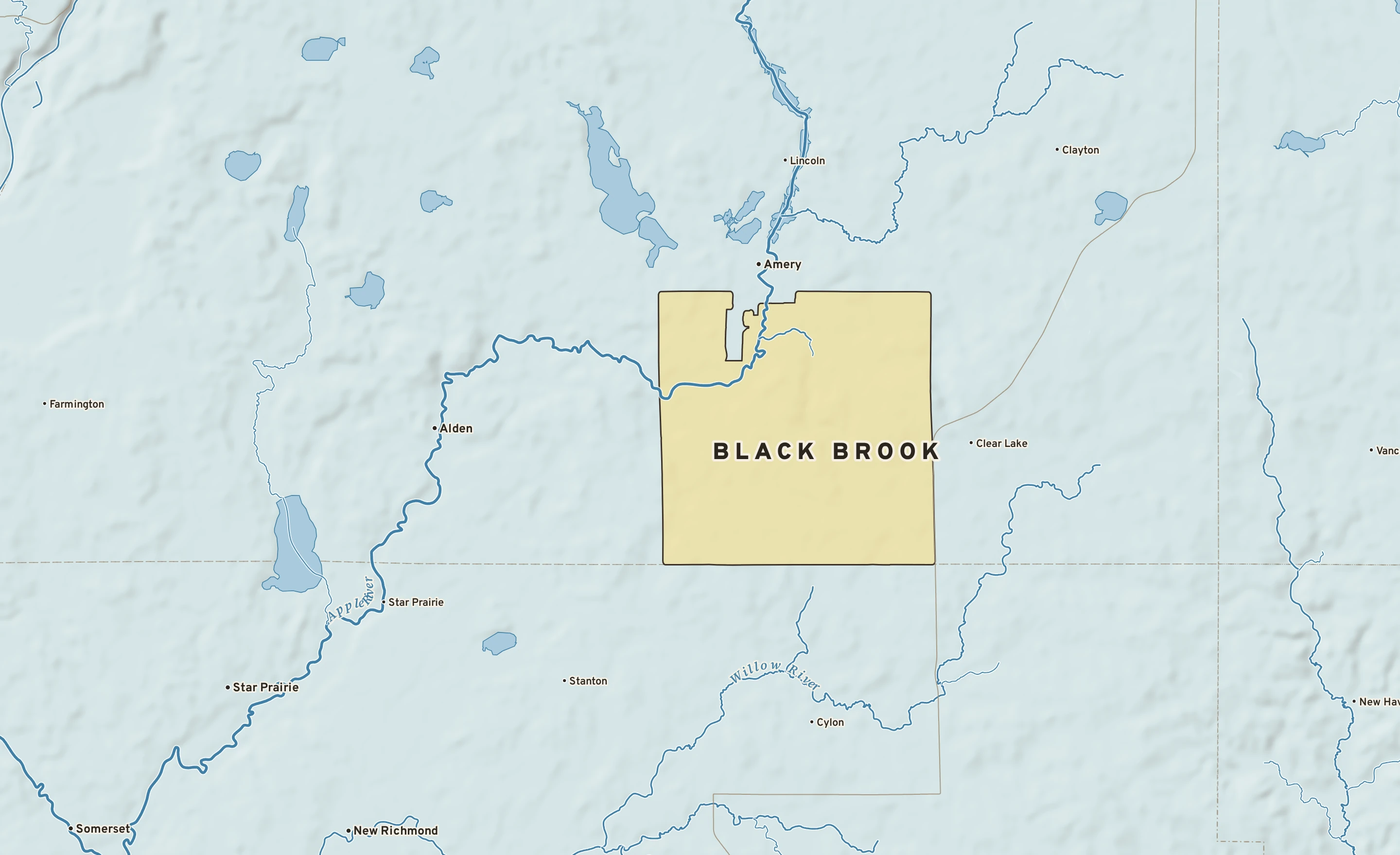 Shaded-relief atlas plate of Black Brook, Wisconsin: rivers, roads, the city limits and where the water drains.