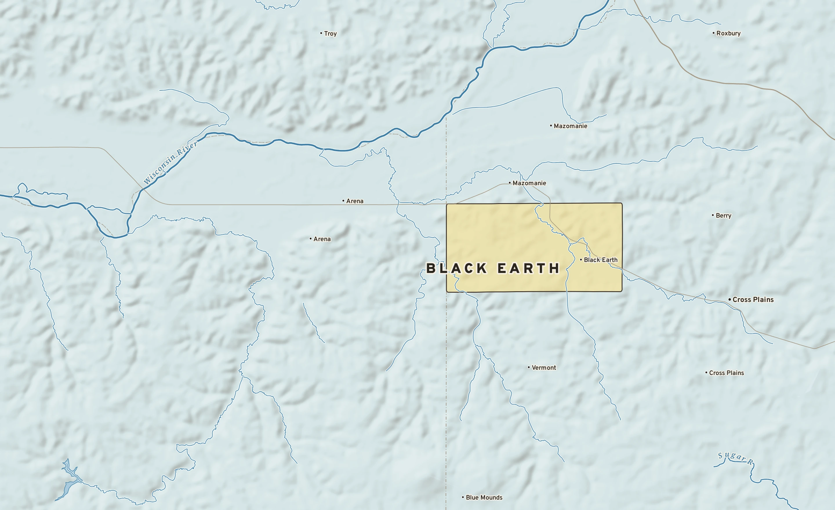 Shaded-relief atlas plate of Black Earth, Wisconsin: rivers, roads, the city limits and where the water drains.