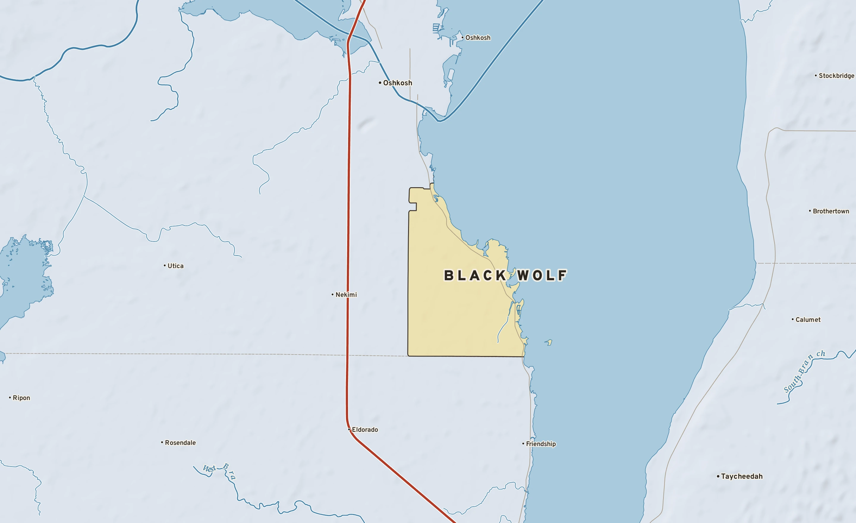 Shaded-relief atlas plate of Black Wolf, Wisconsin: rivers, roads, the city limits and where the water drains.