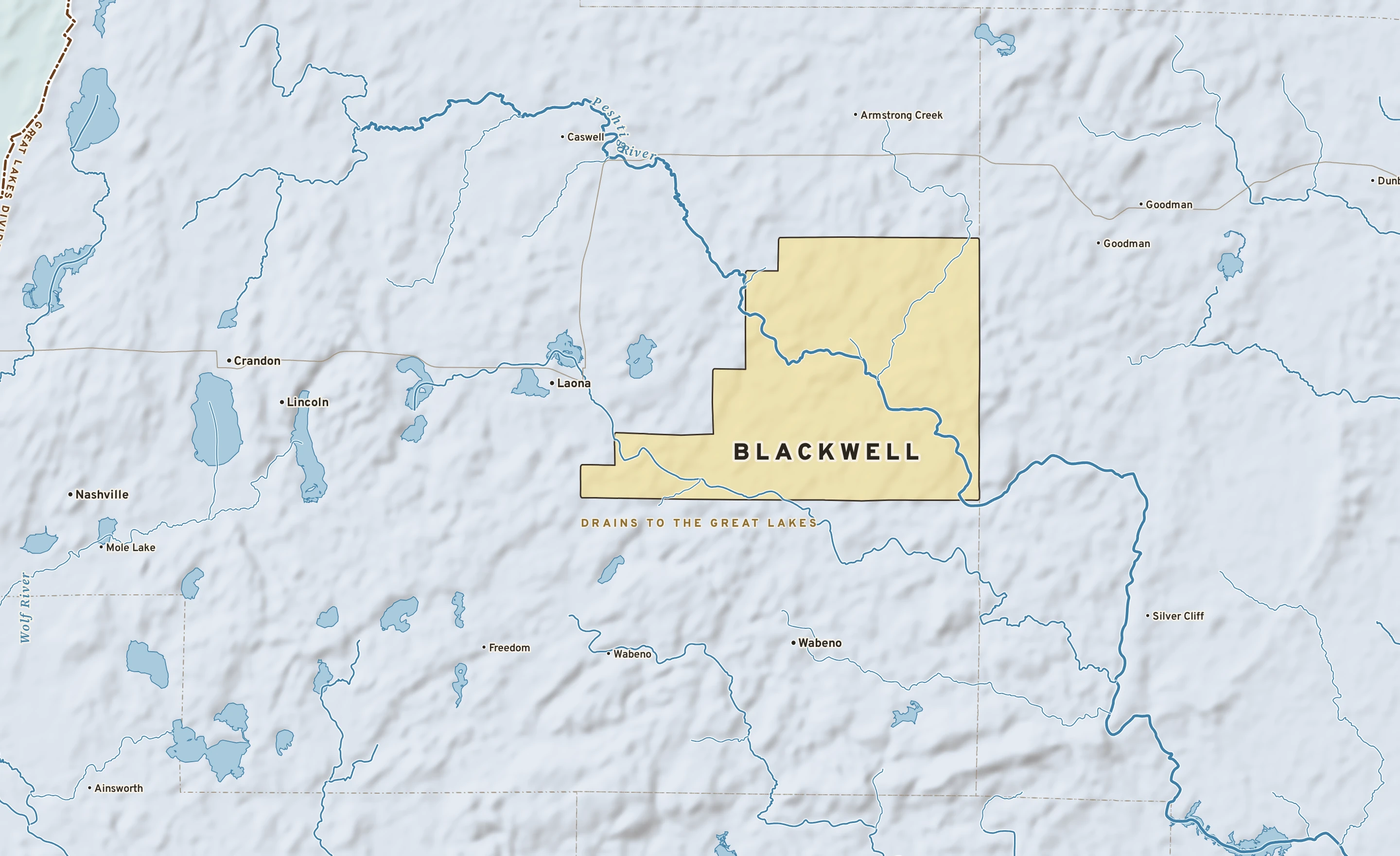 Shaded-relief atlas plate of Blackwell, Wisconsin: rivers, roads, the city limits and where the water drains.