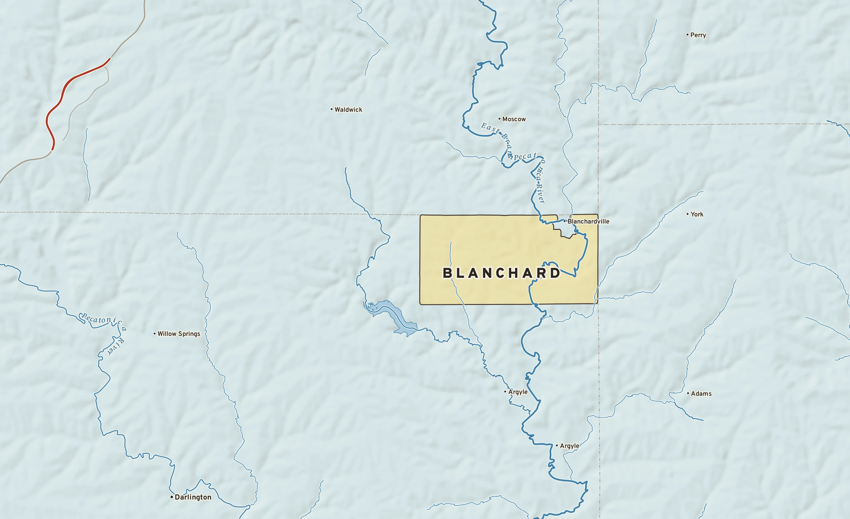 Shaded-relief atlas plate of Blanchard, Wisconsin: rivers, roads, the city limits and where the water drains.