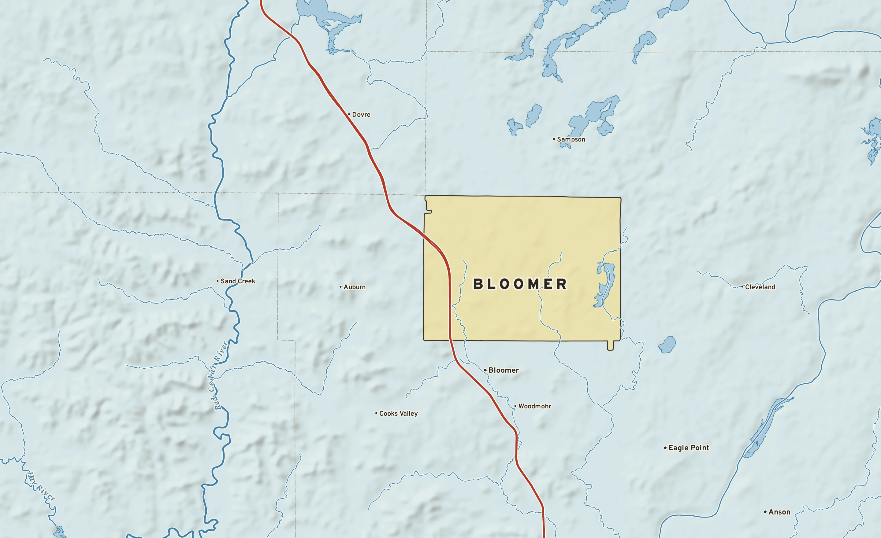 Shaded-relief atlas plate of Bloomer, Wisconsin: rivers, roads, the city limits and where the water drains.