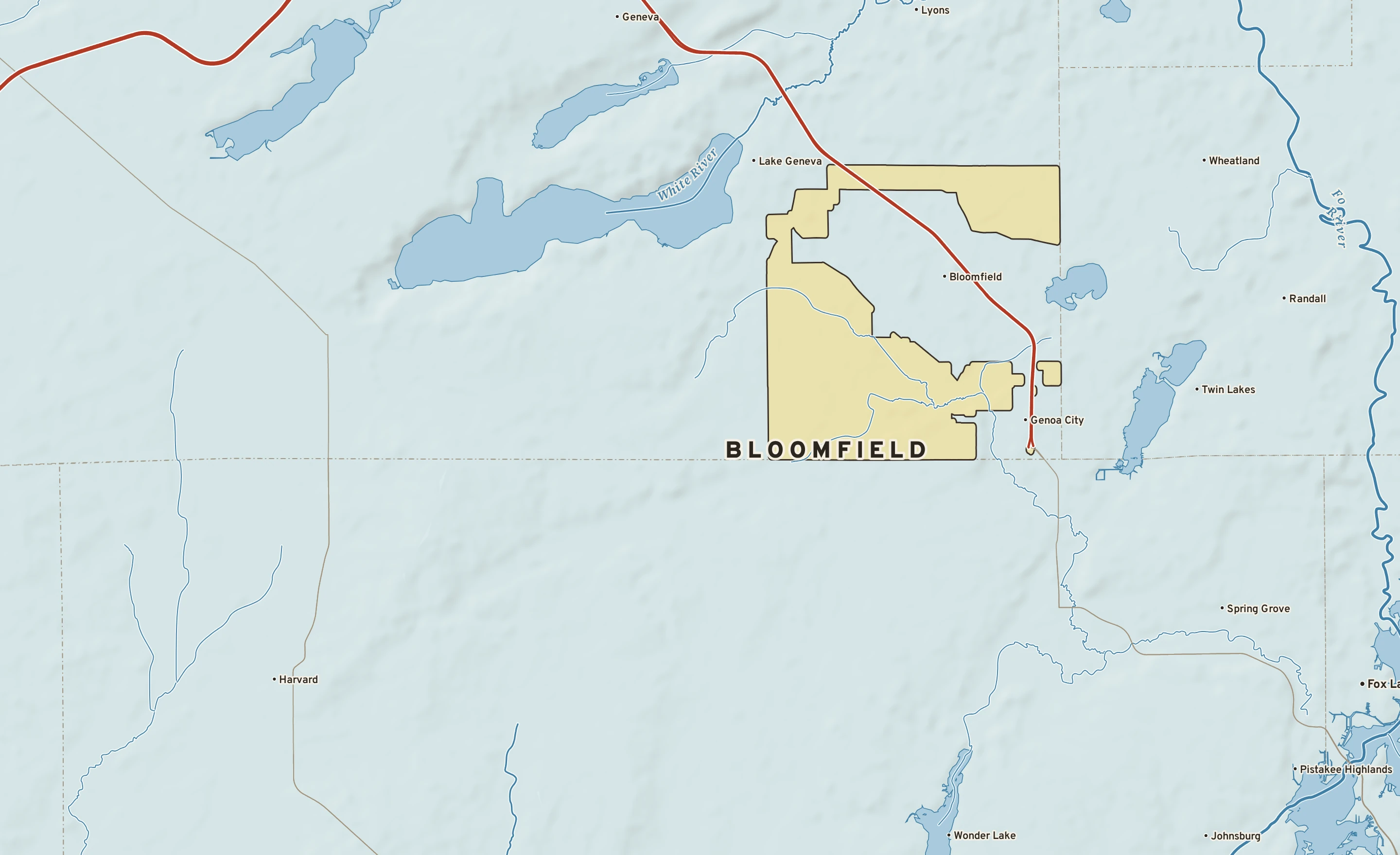 Shaded-relief atlas plate of Bloomfield, Wisconsin: rivers, roads, the city limits and where the water drains.
