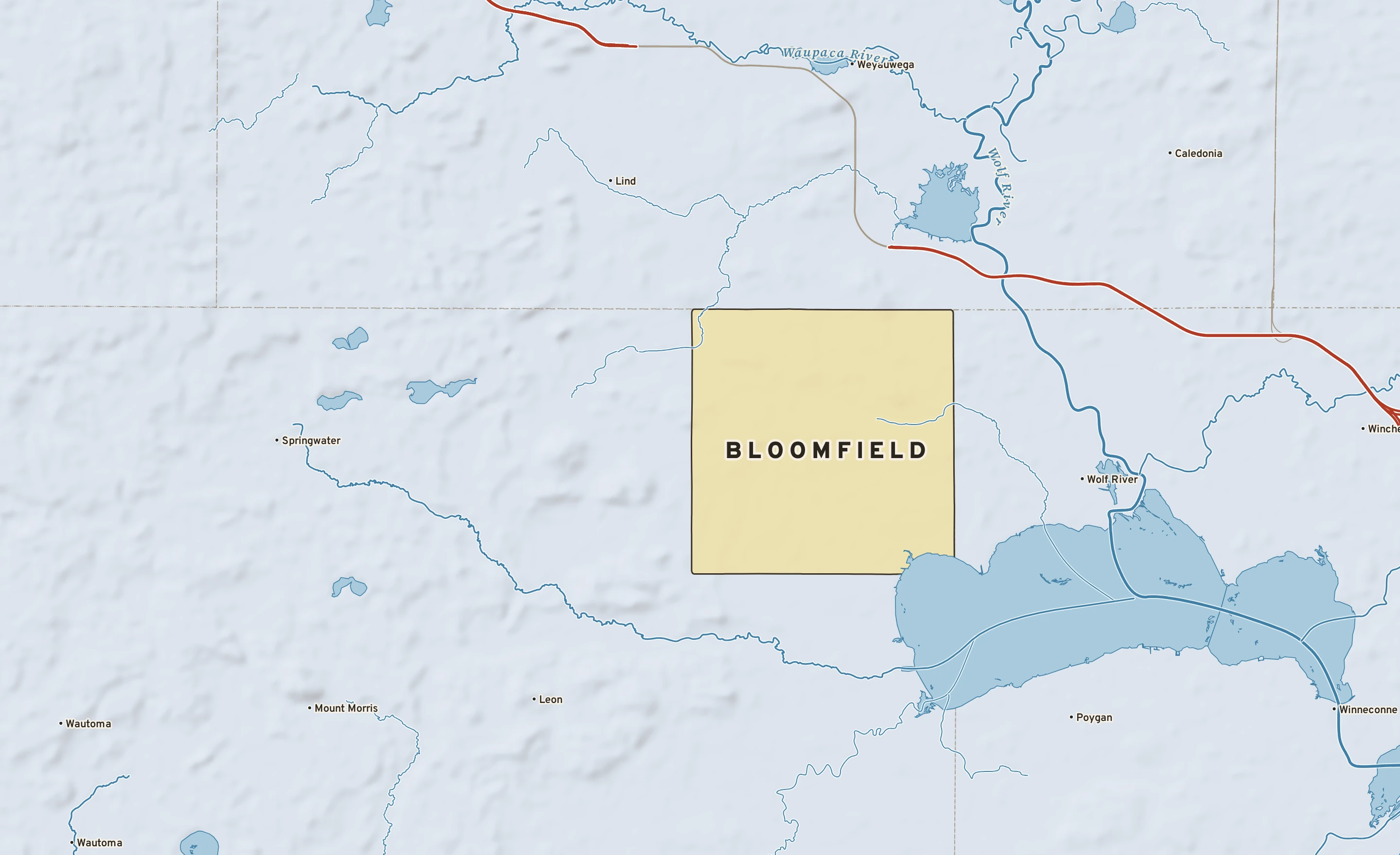 Shaded-relief atlas plate of Bloomfield, Wisconsin: rivers, roads, the city limits and where the water drains.
