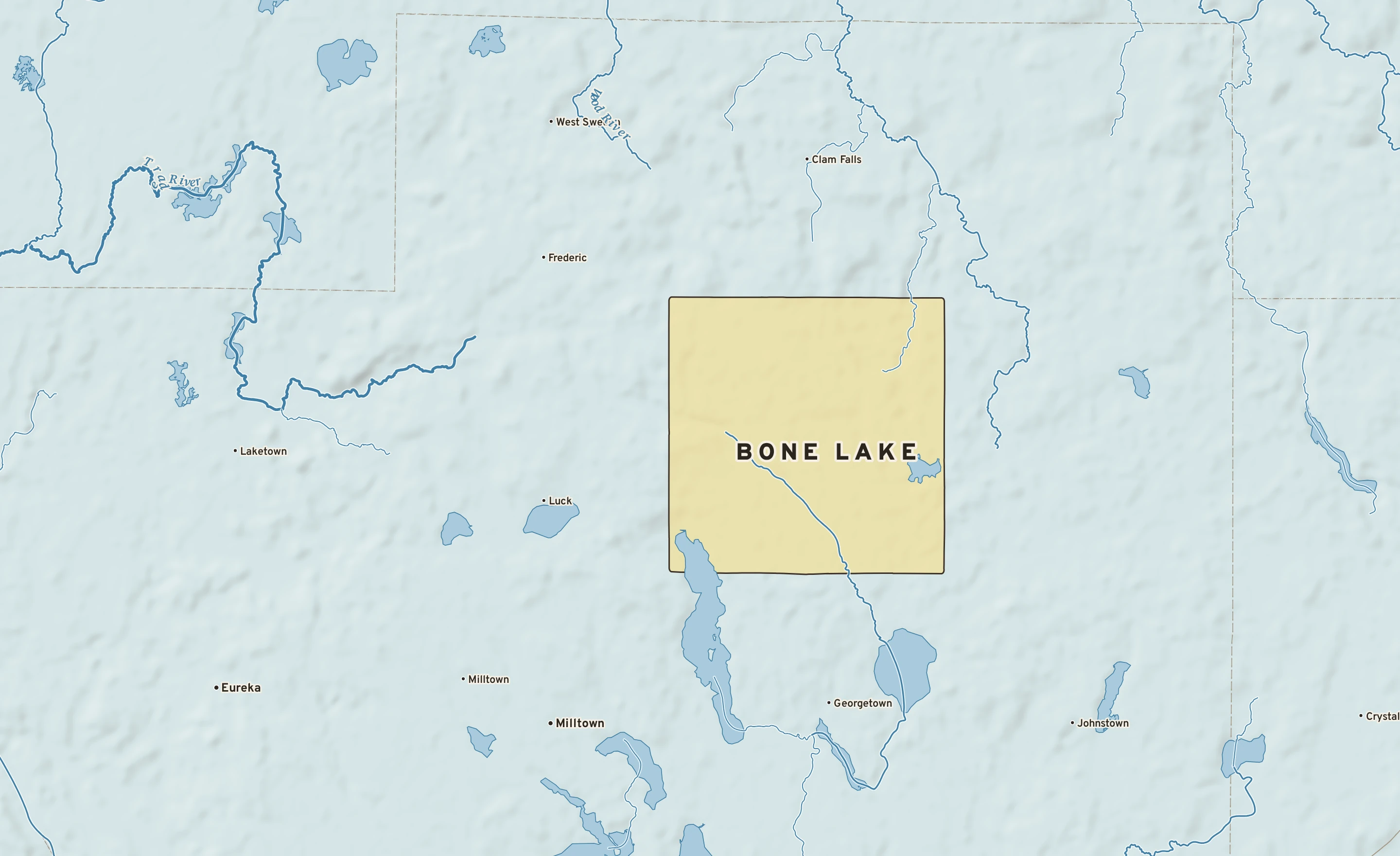 Shaded-relief atlas plate of Bone Lake, Wisconsin: rivers, roads, the city limits and where the water drains.