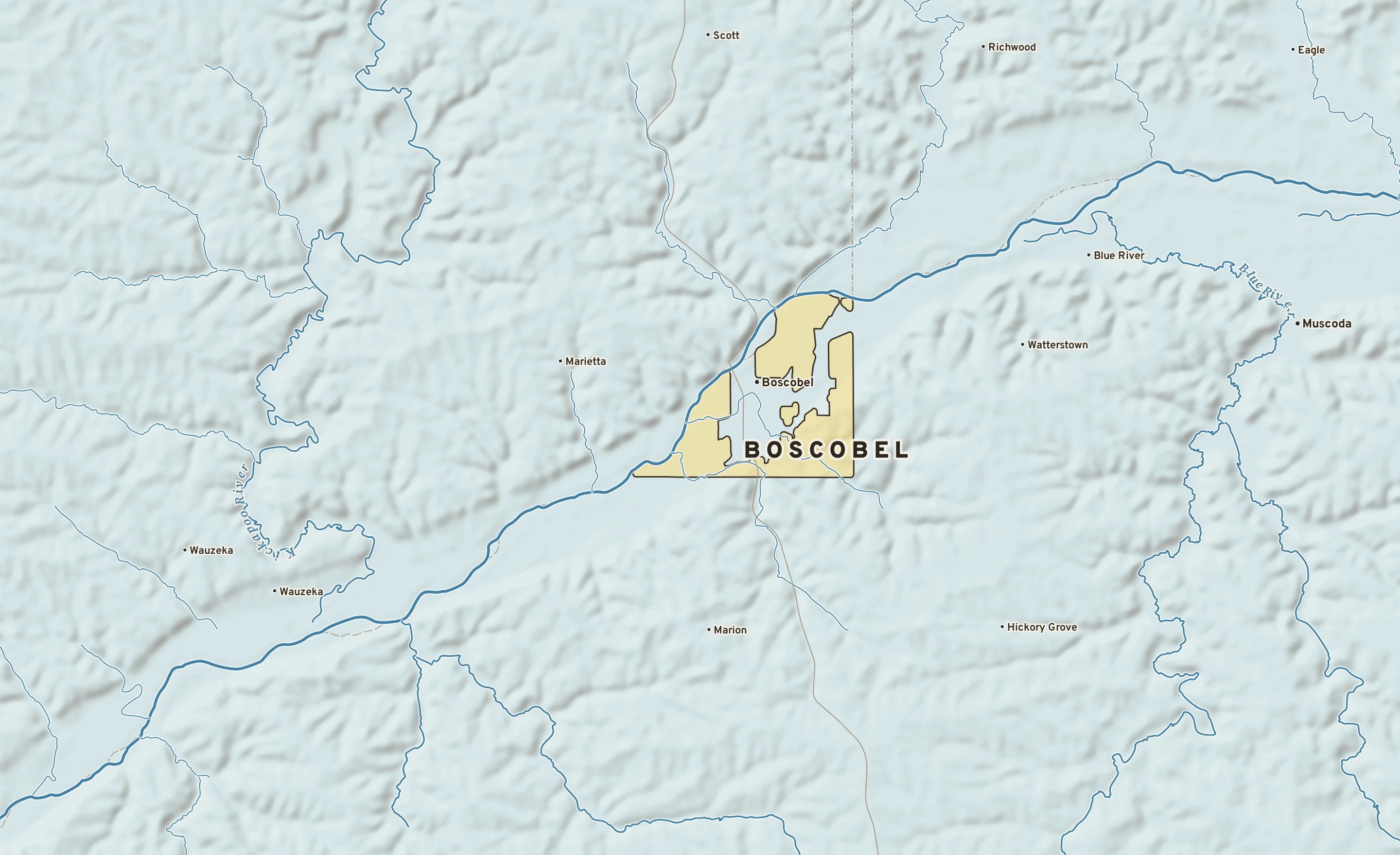 Shaded-relief atlas plate of Boscobel, Wisconsin: rivers, roads, the city limits and where the water drains.