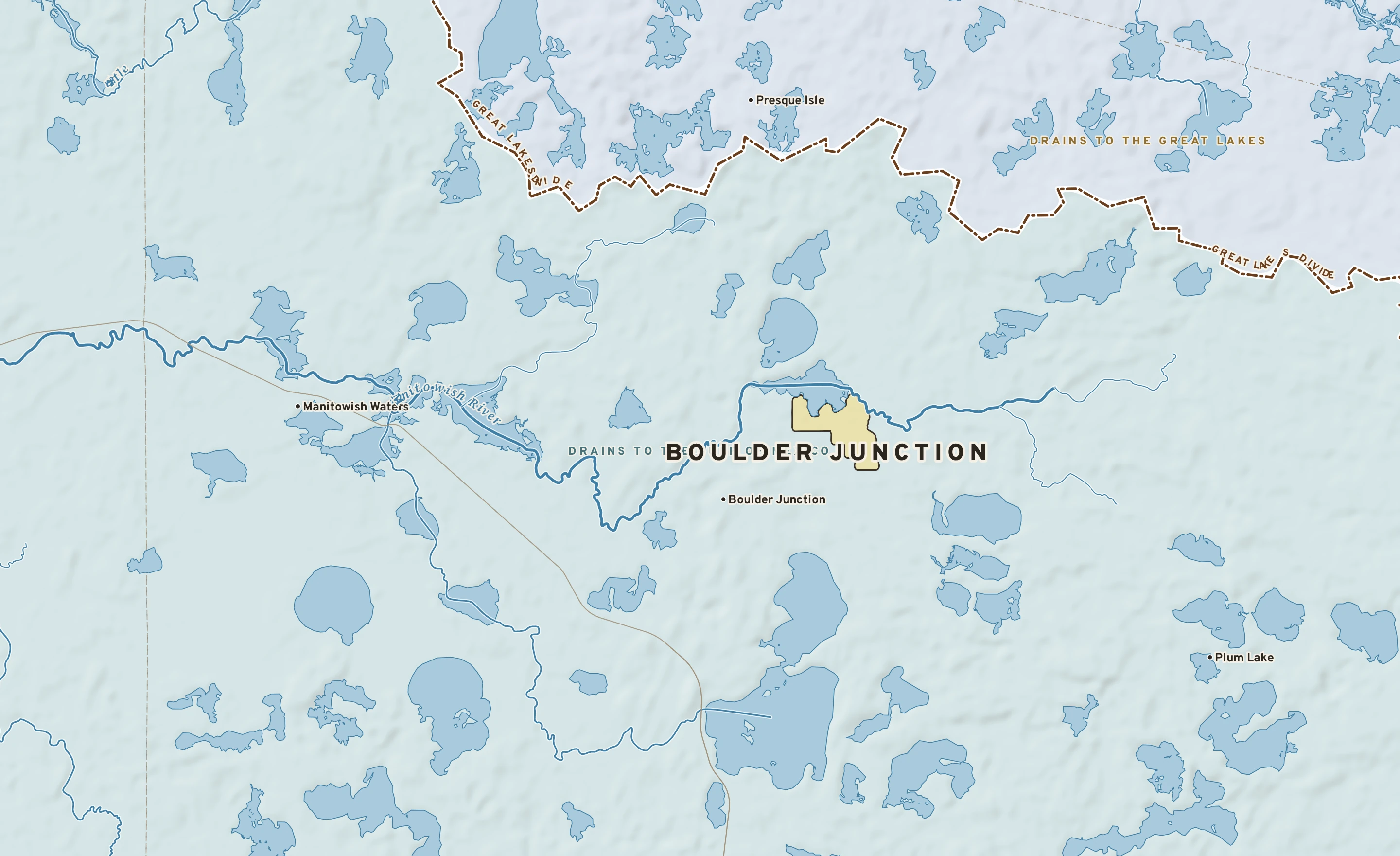Shaded-relief atlas plate of Boulder Junction, Wisconsin: rivers, roads, the city limits and where the water drains.