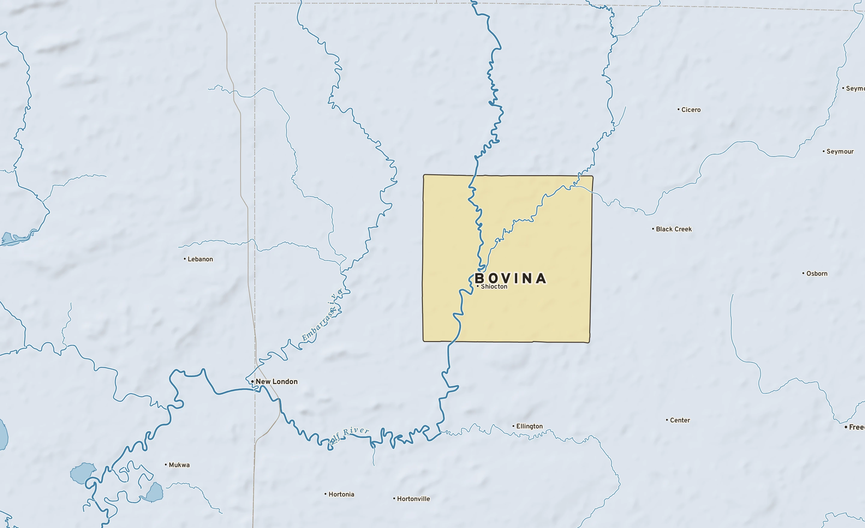 Shaded-relief atlas plate of Bovina, Wisconsin: rivers, roads, the city limits and where the water drains.