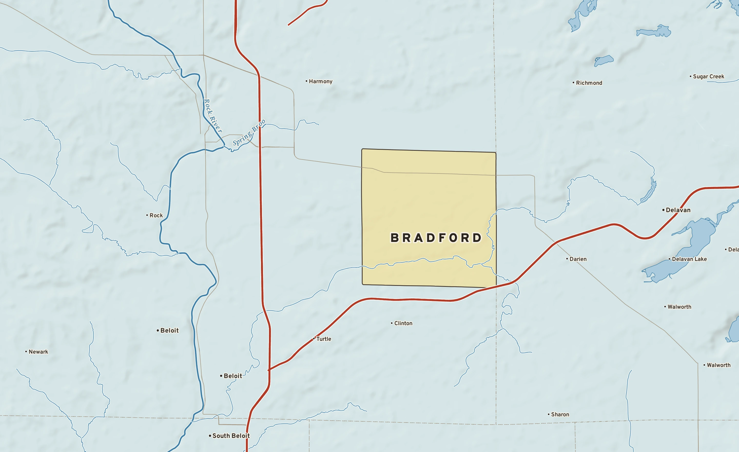 Shaded-relief atlas plate of Bradford, Wisconsin: rivers, roads, the city limits and where the water drains.