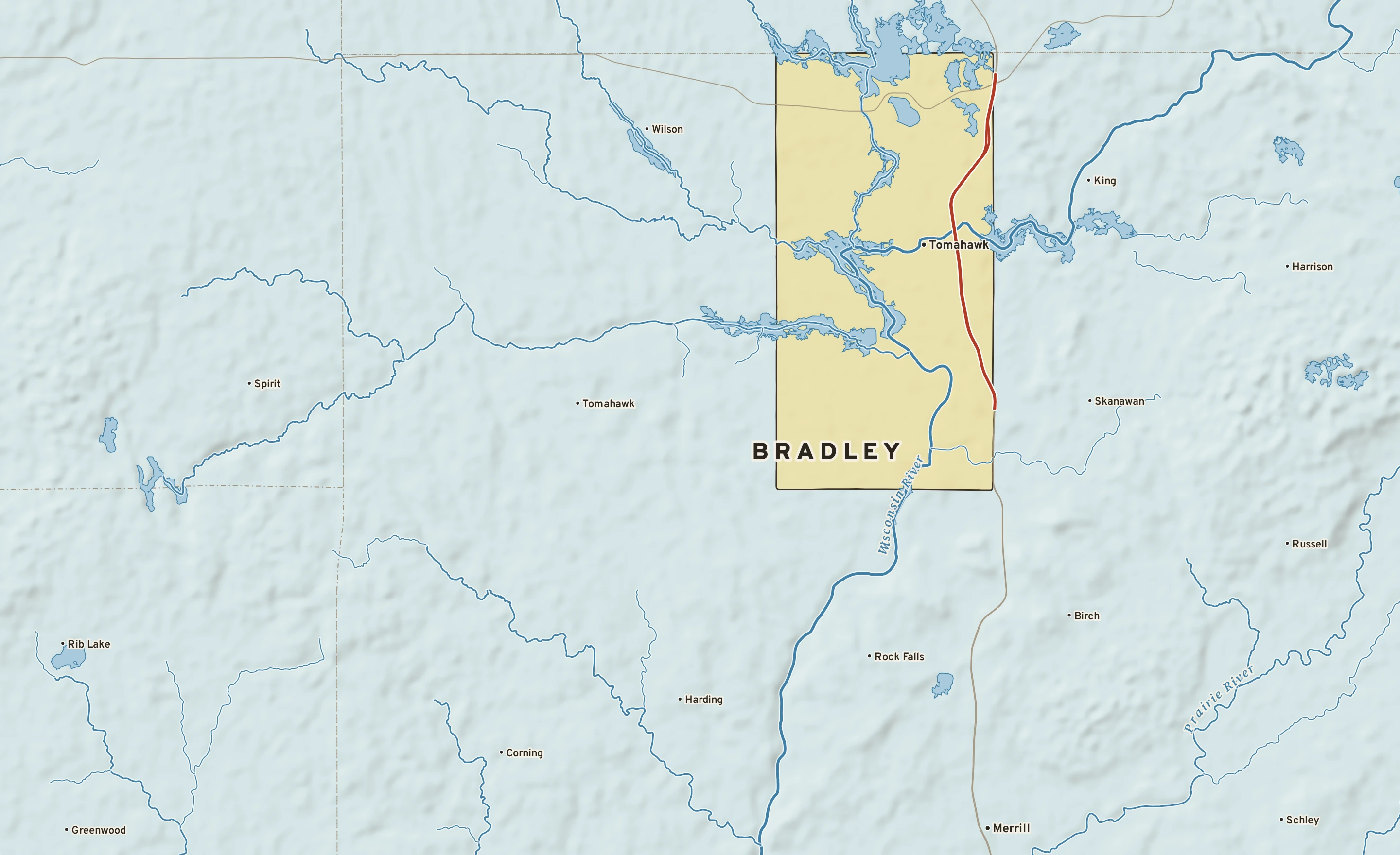 Shaded-relief atlas plate of Bradley, Wisconsin: rivers, roads, the city limits and where the water drains.