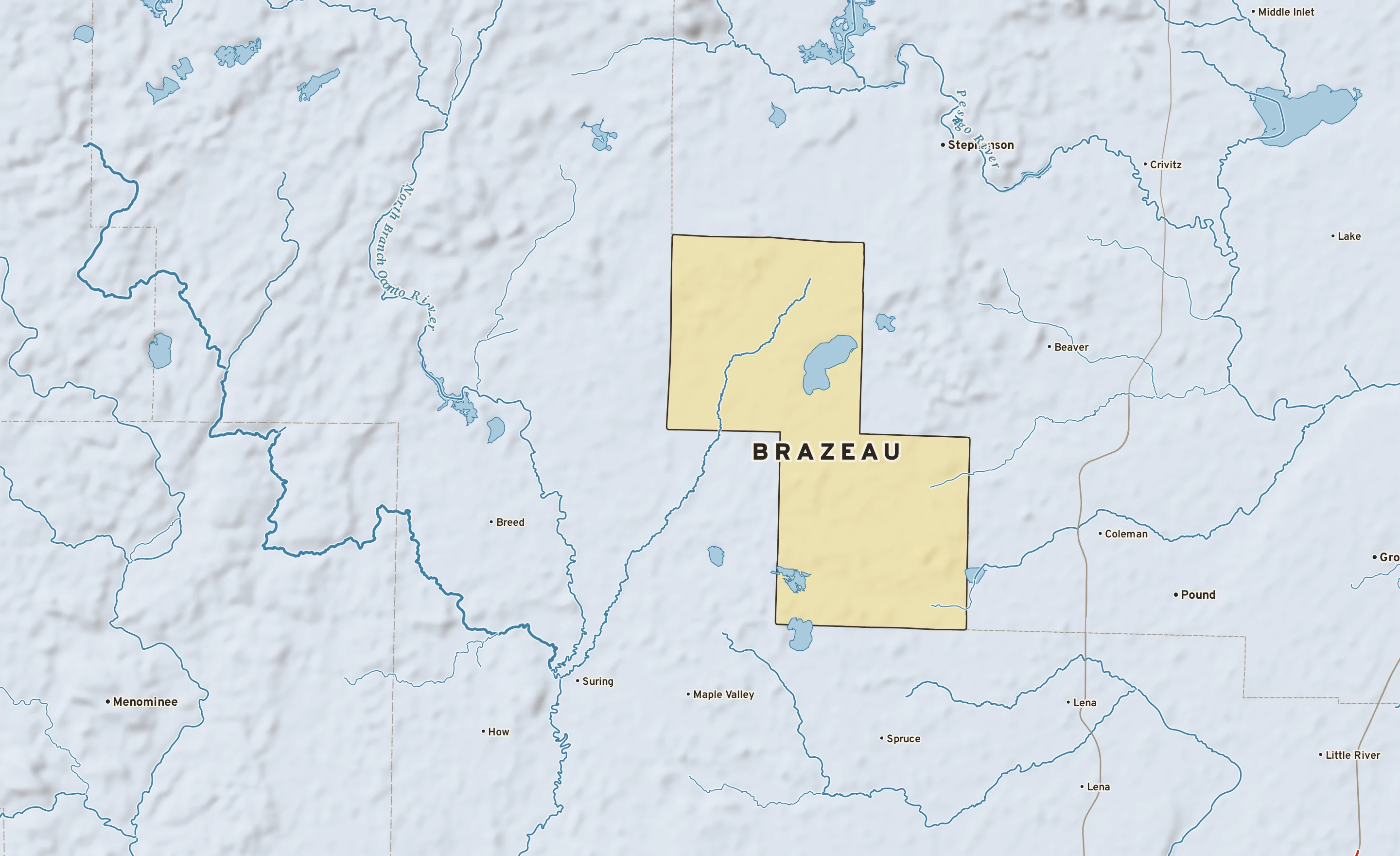 Shaded-relief atlas plate of Brazeau, Wisconsin: rivers, roads, the city limits and where the water drains.