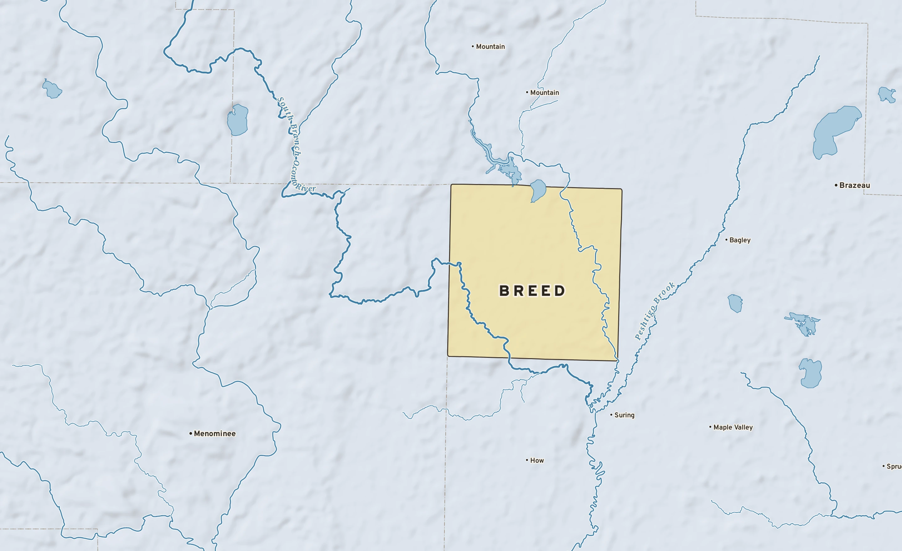 Shaded-relief atlas plate of Breed, Wisconsin: rivers, roads, the city limits and where the water drains.