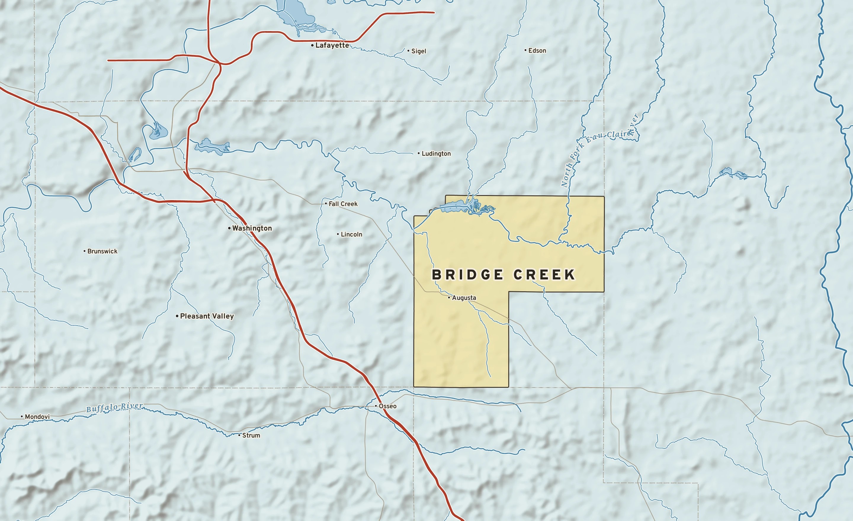 Shaded-relief atlas plate of Bridge Creek, Wisconsin: rivers, roads, the city limits and where the water drains.
