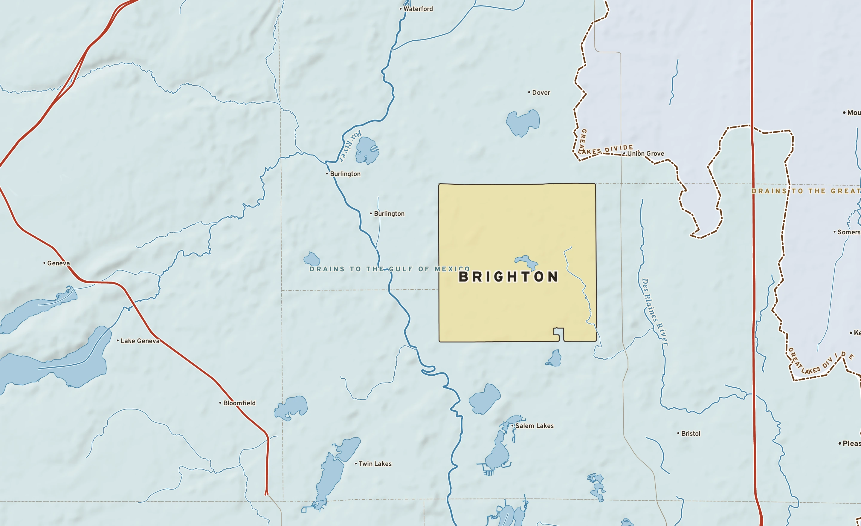 Shaded-relief atlas plate of Brighton, Wisconsin: rivers, roads, the city limits and where the water drains.