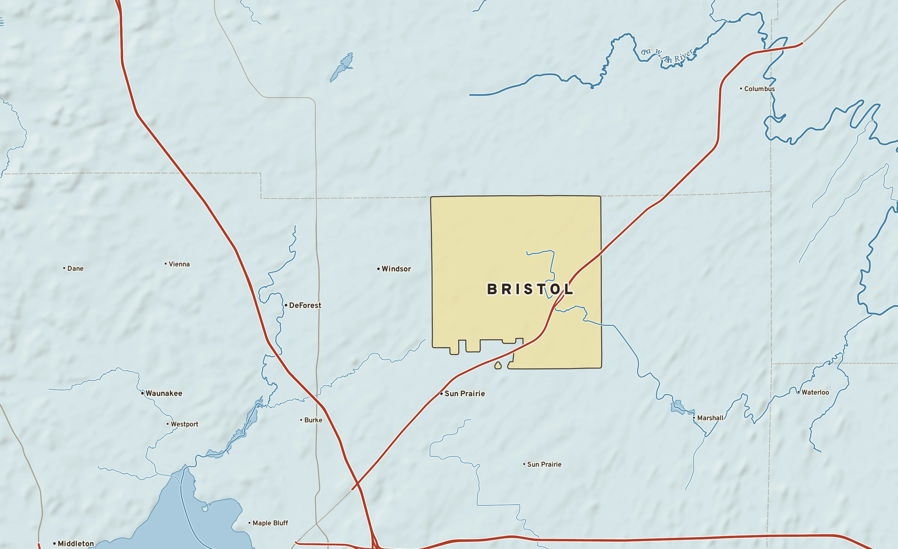 Shaded-relief atlas plate of Bristol, Wisconsin: rivers, roads, the city limits and where the water drains.