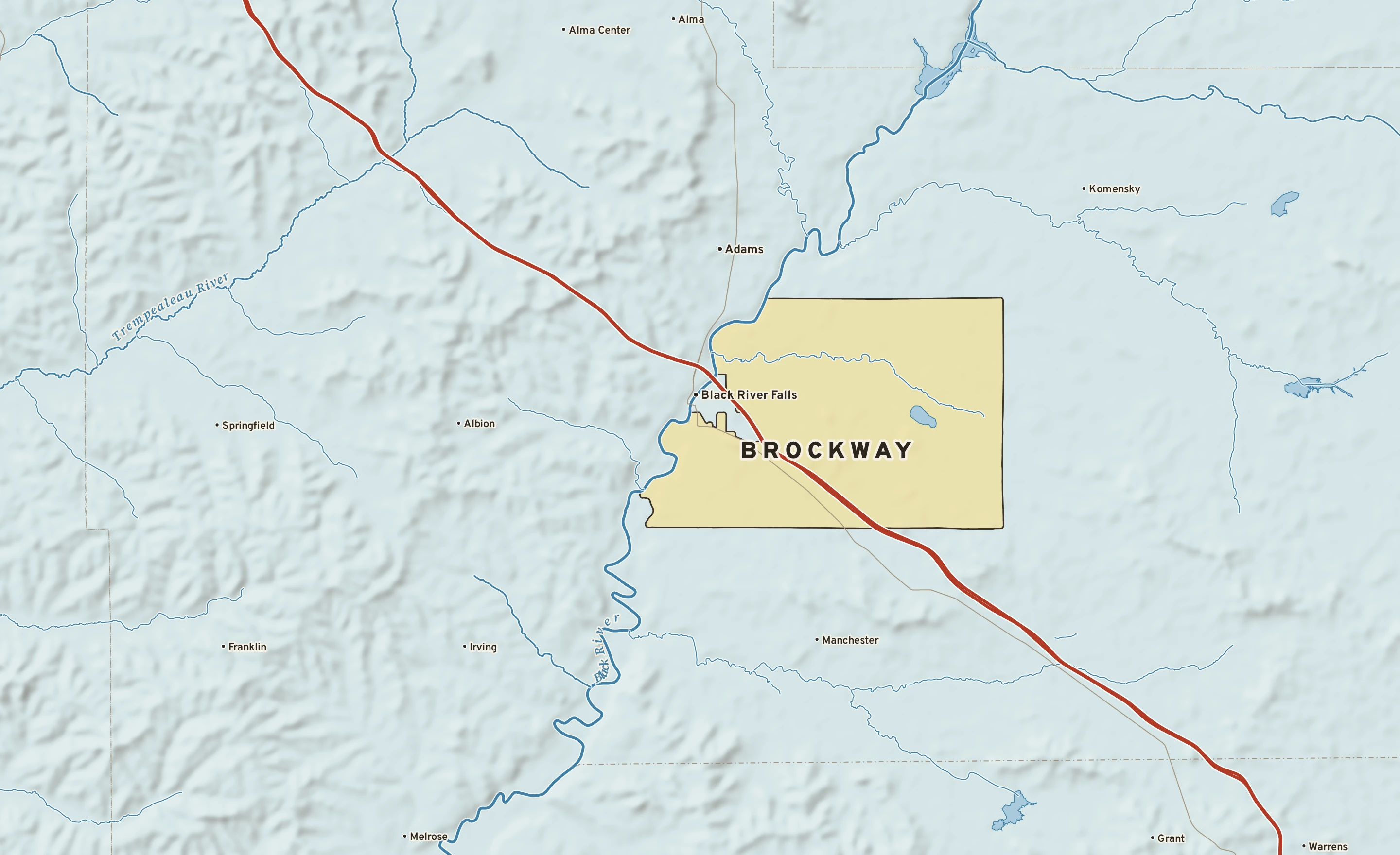 Shaded-relief atlas plate of Brockway, Wisconsin: rivers, roads, the city limits and where the water drains.