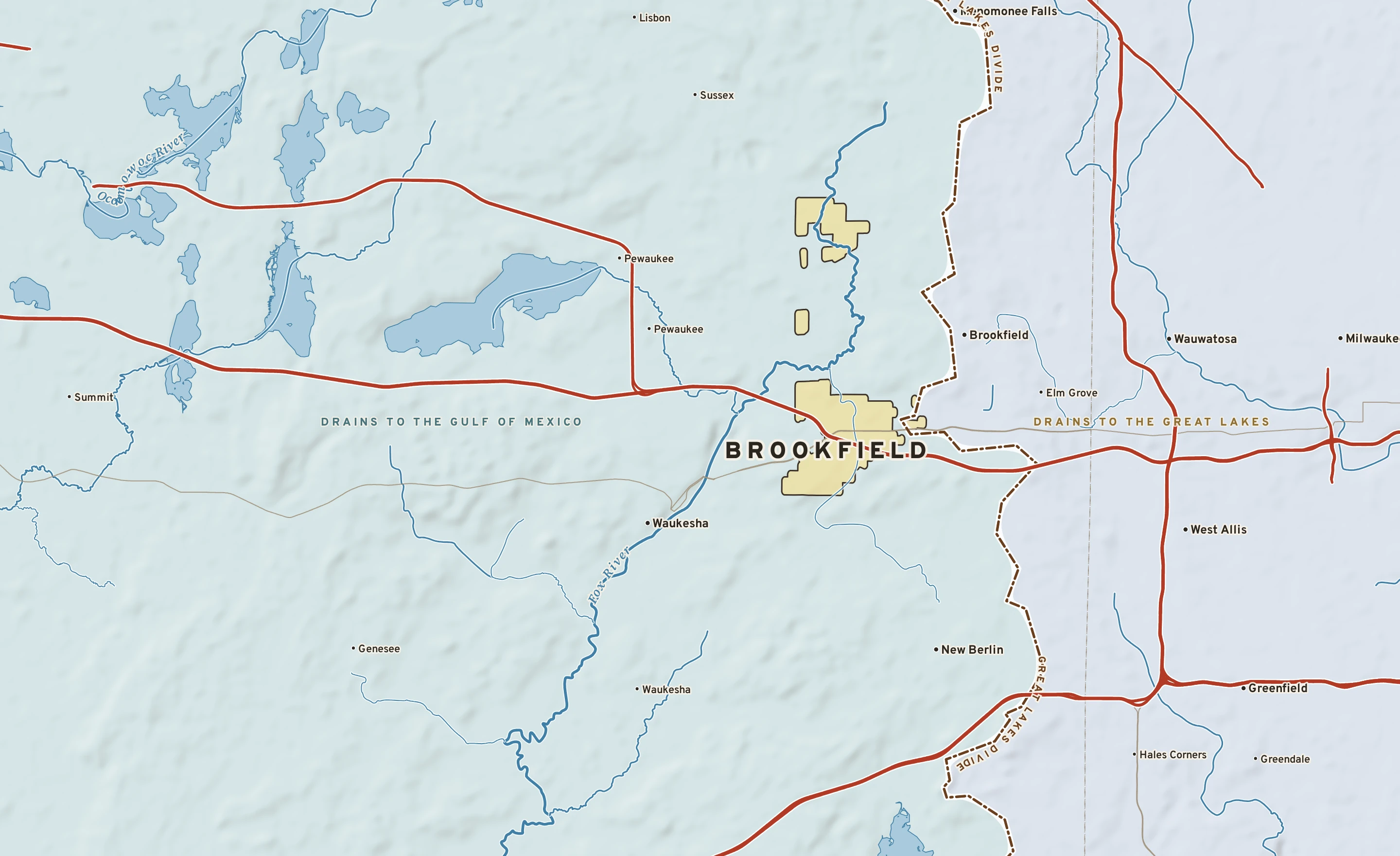 Shaded-relief atlas plate of Brookfield, Wisconsin: rivers, roads, the city limits and where the water drains.
