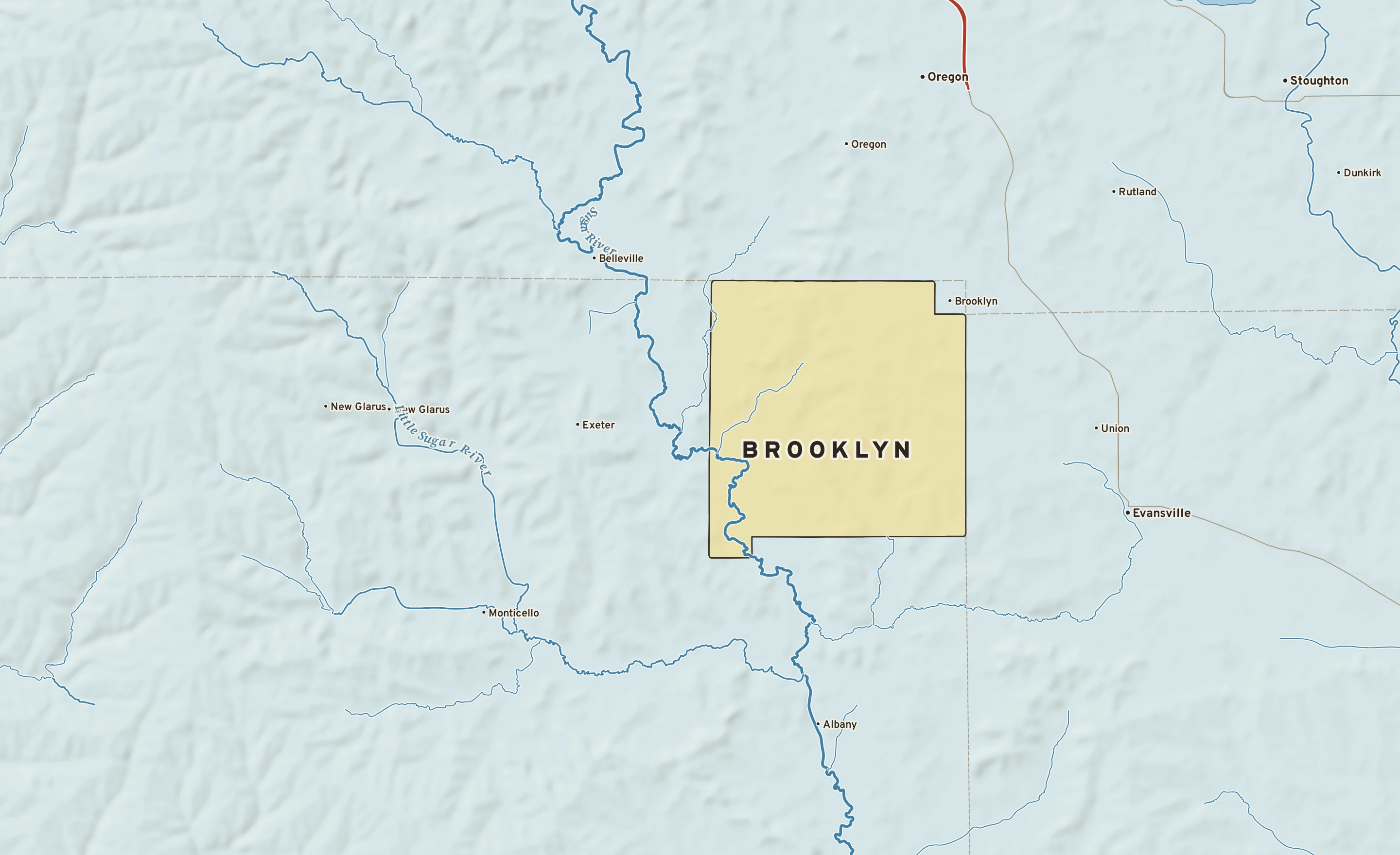 Shaded-relief atlas plate of Brooklyn, Wisconsin: rivers, roads, the city limits and where the water drains.