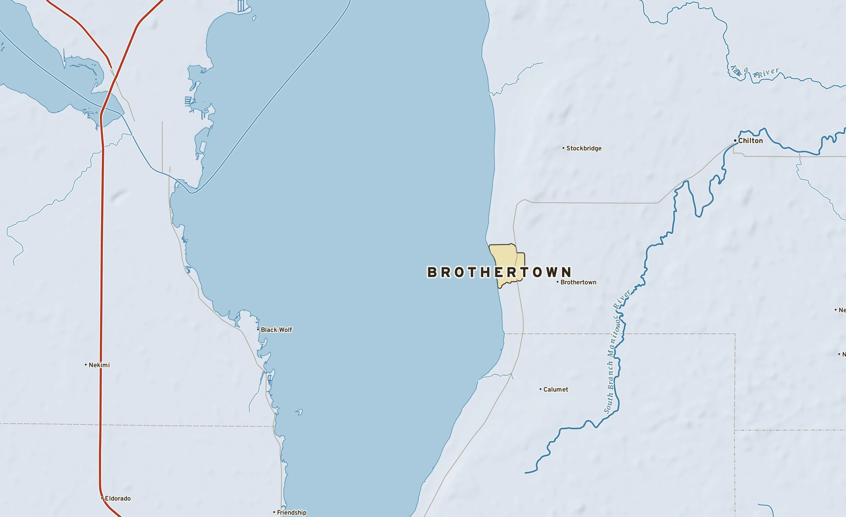 Shaded-relief atlas plate of Brothertown, Wisconsin: rivers, roads, the city limits and where the water drains.