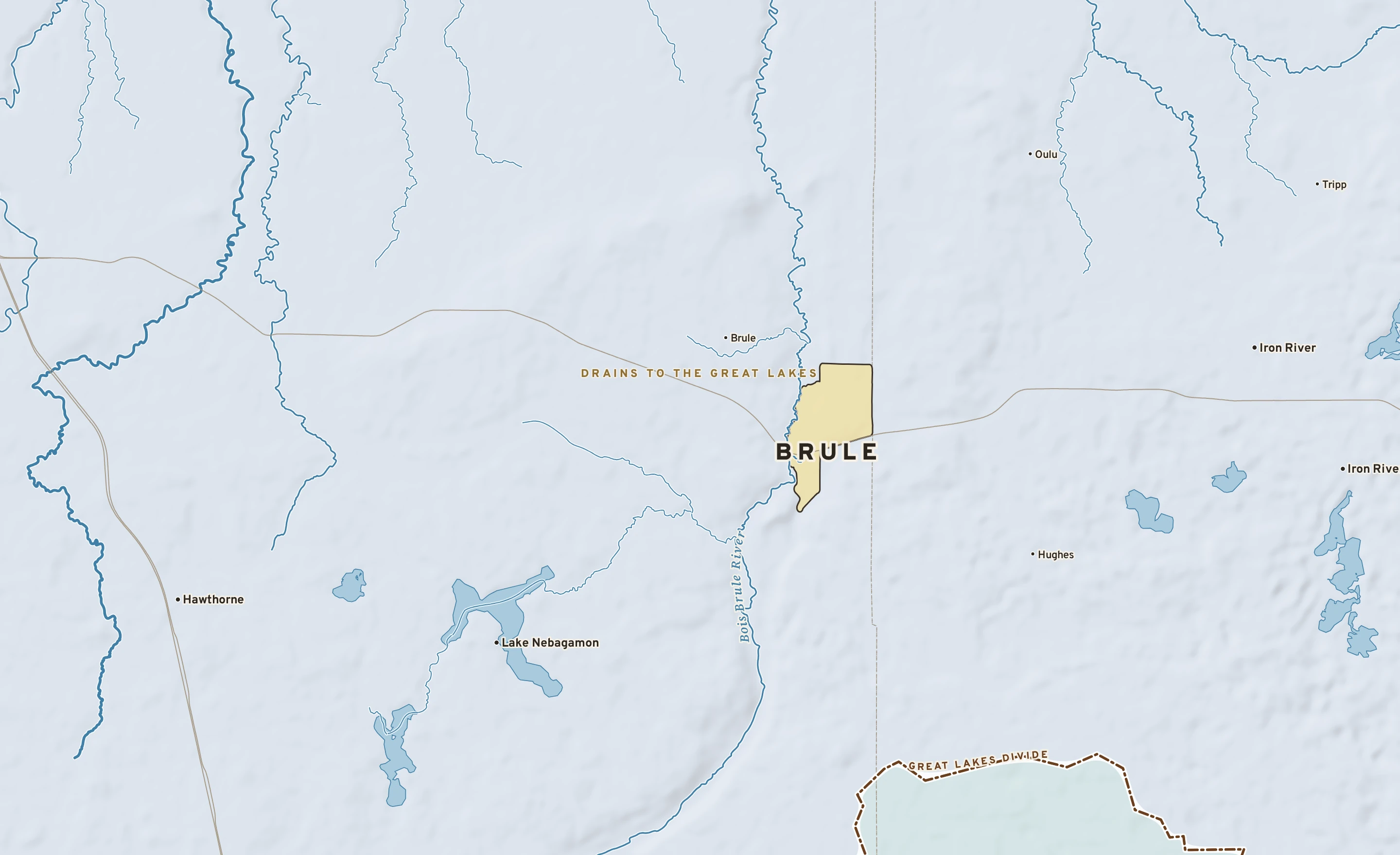 Shaded-relief atlas plate of Brule, Wisconsin: rivers, roads, the city limits and where the water drains.