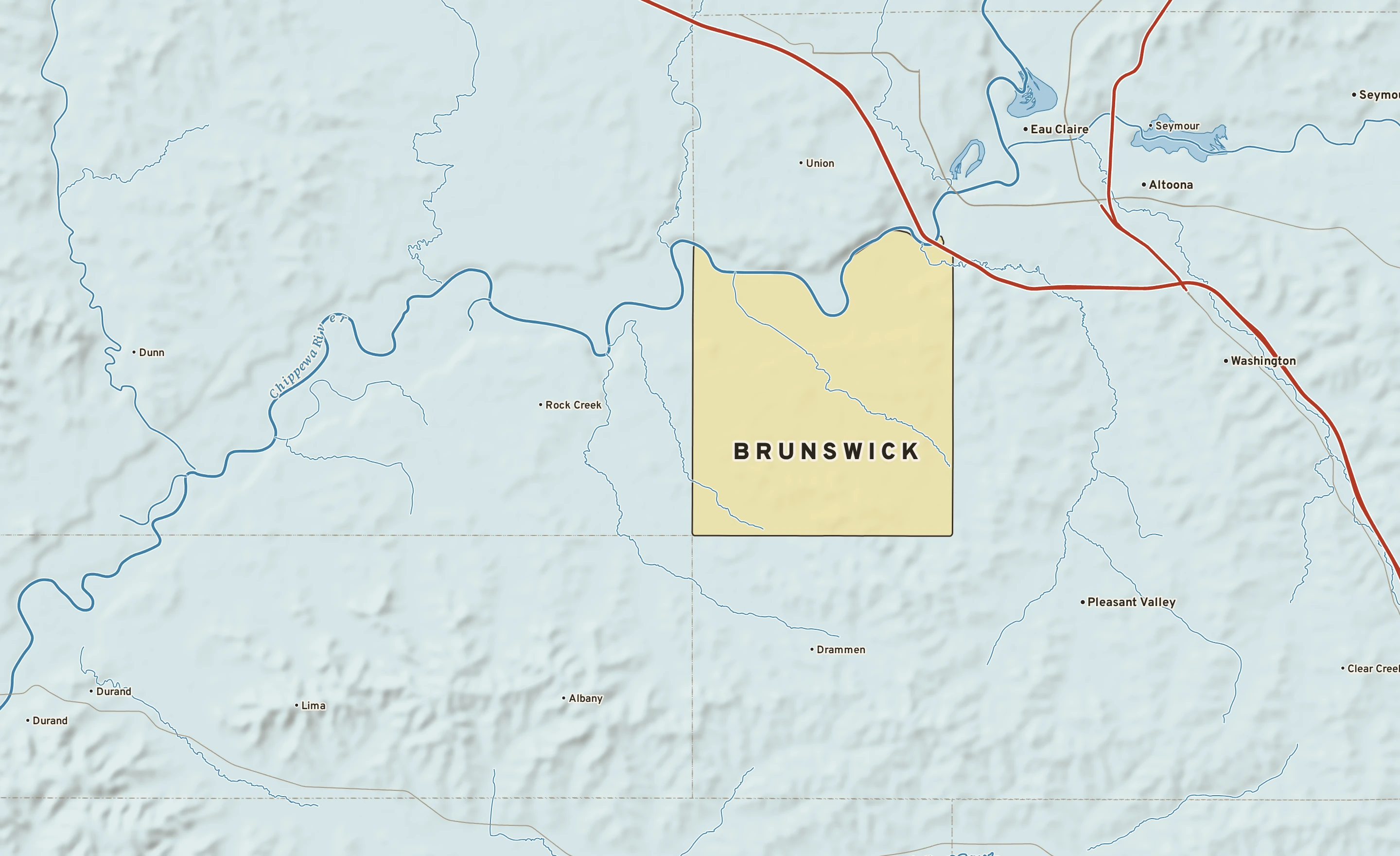 Shaded-relief atlas plate of Brunswick, Wisconsin: rivers, roads, the city limits and where the water drains.