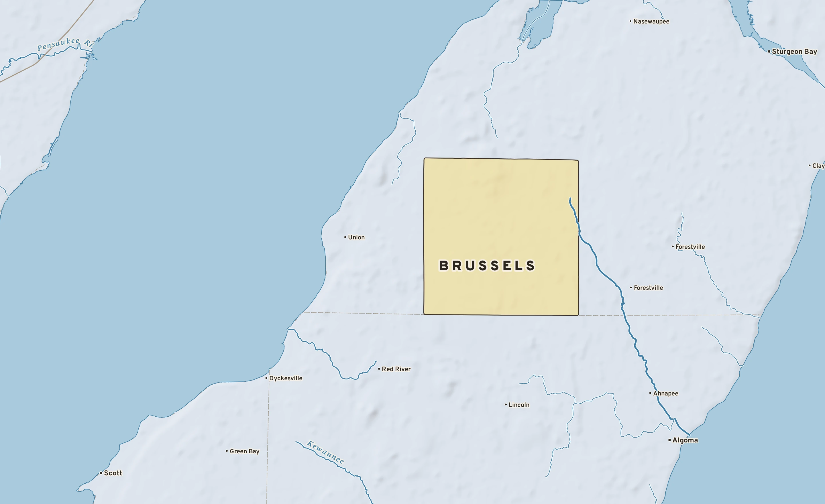 Shaded-relief atlas plate of Brussels, Wisconsin: rivers, roads, the city limits and where the water drains.