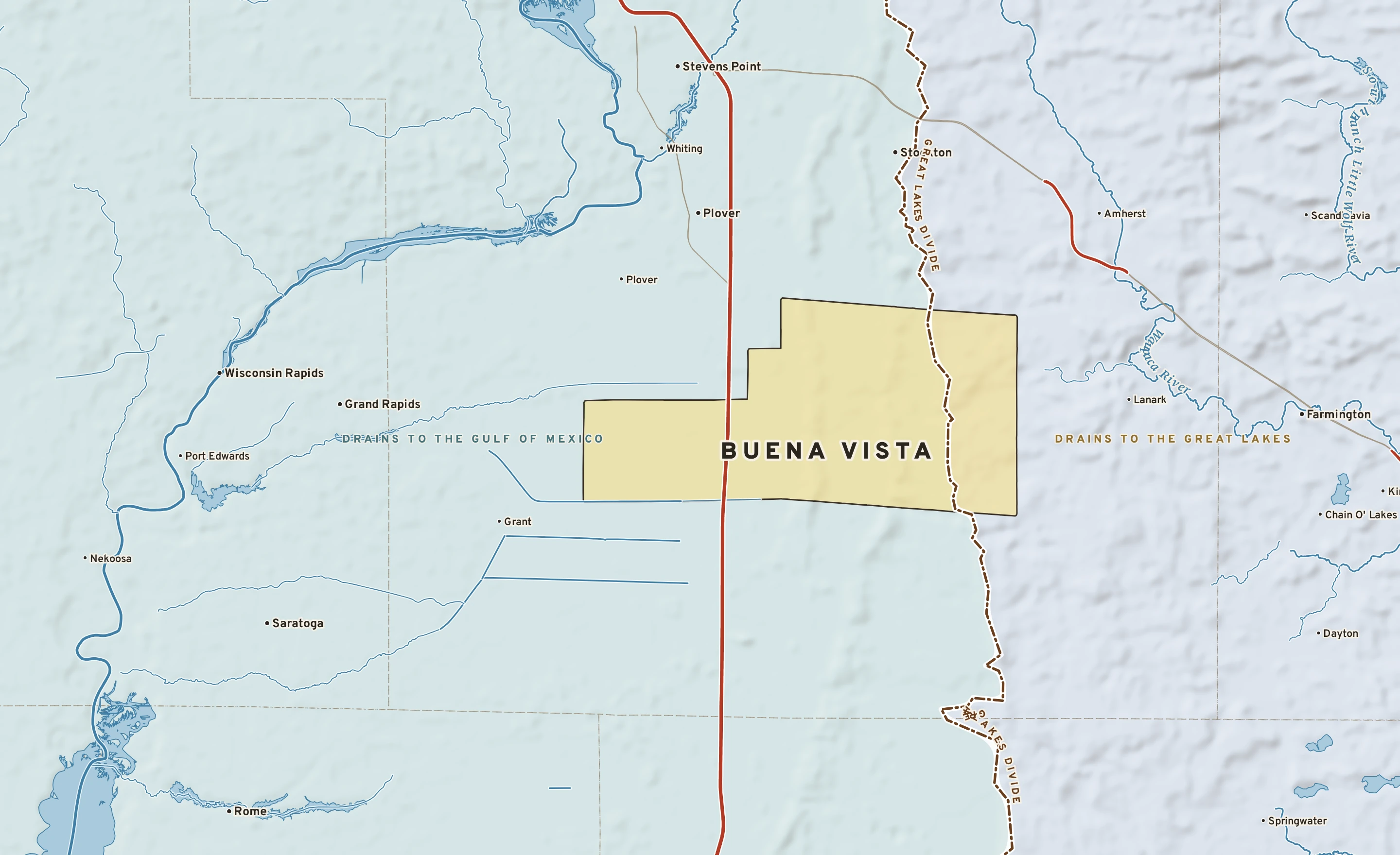 Shaded-relief atlas plate of Buena Vista, Wisconsin: rivers, roads, the city limits and where the water drains.