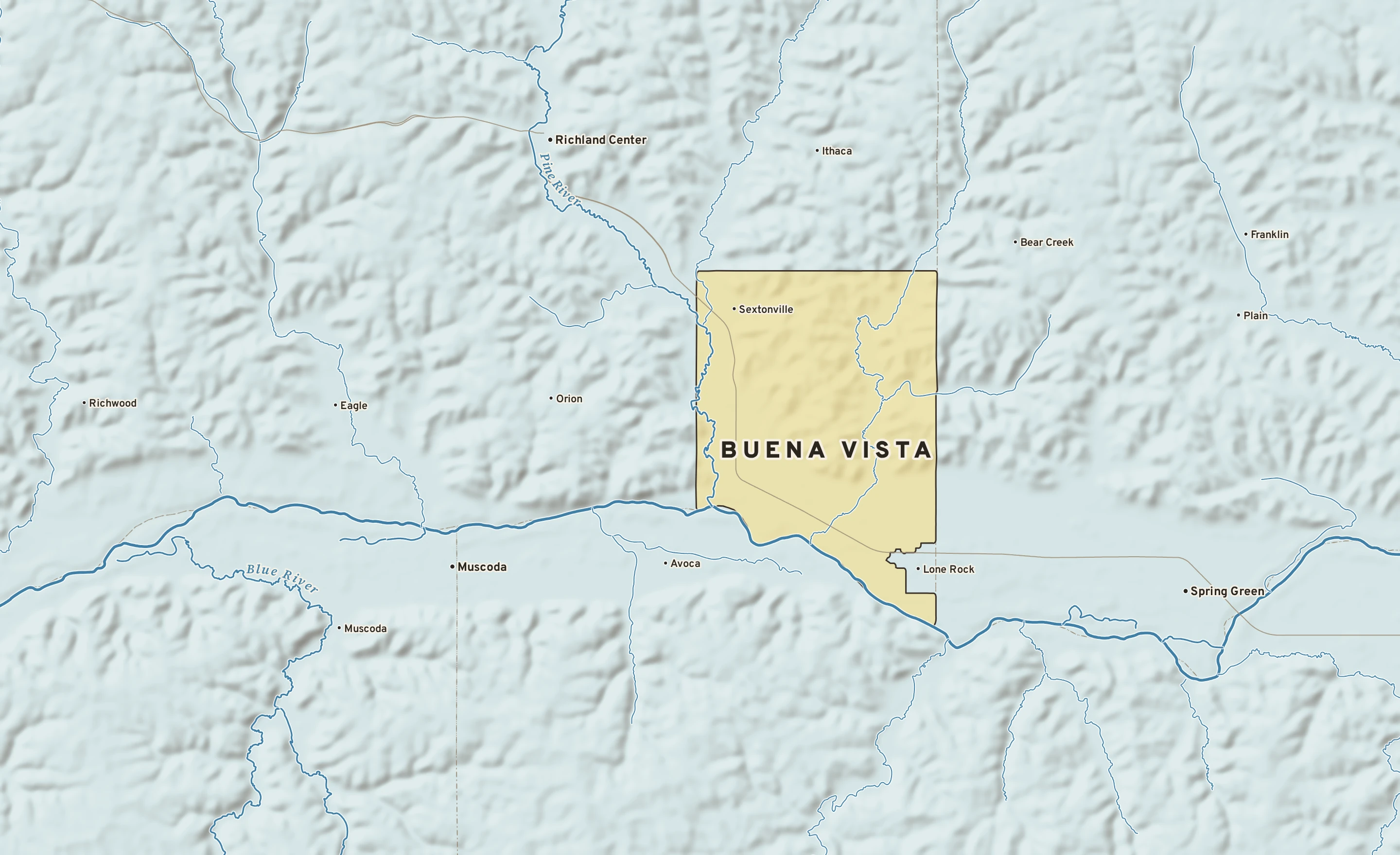 Shaded-relief atlas plate of Buena Vista, Wisconsin: rivers, roads, the city limits and where the water drains.