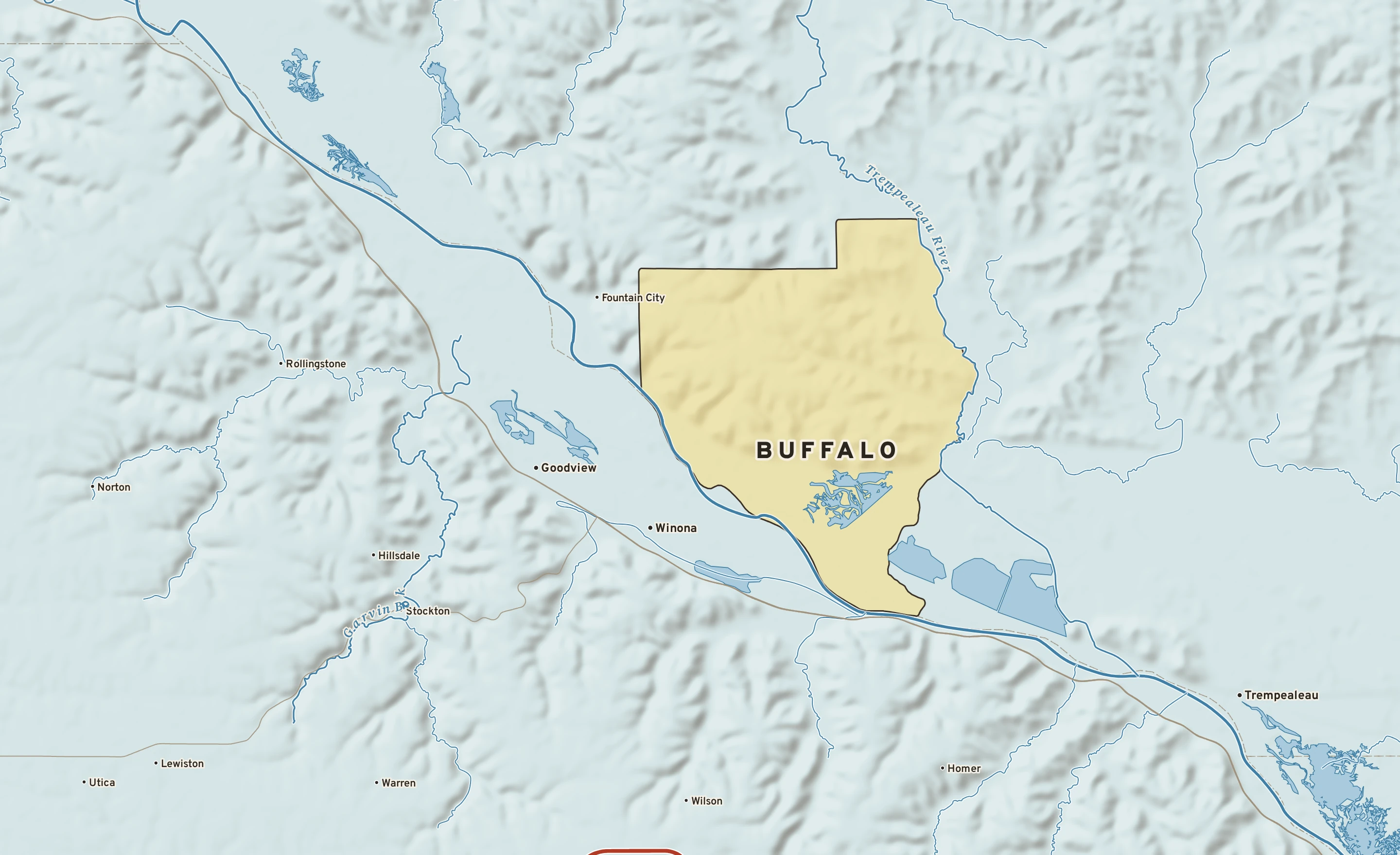 Shaded-relief atlas plate of Buffalo, Wisconsin: rivers, roads, the city limits and where the water drains.