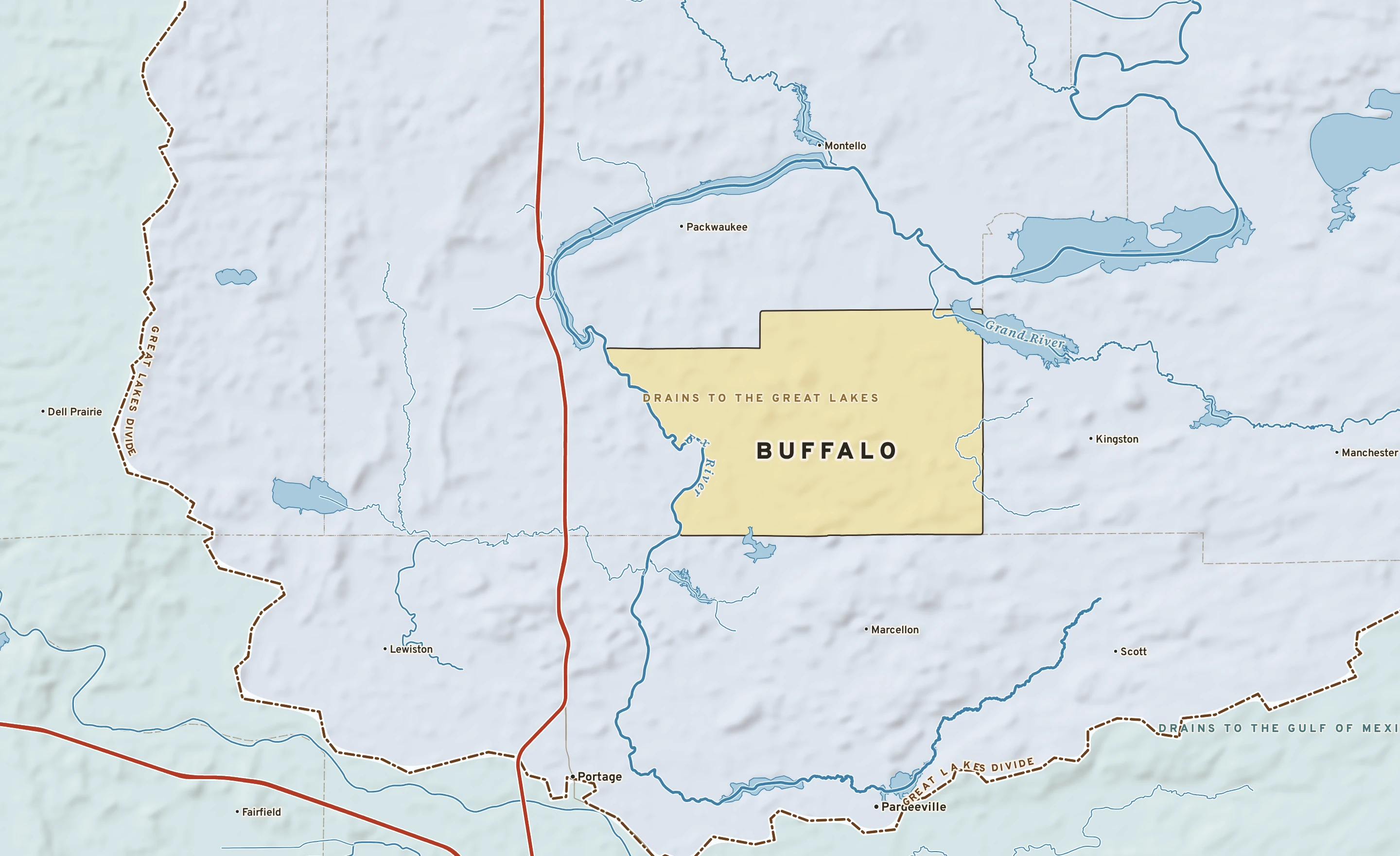 Shaded-relief atlas plate of Buffalo, Wisconsin: rivers, roads, the city limits and where the water drains.