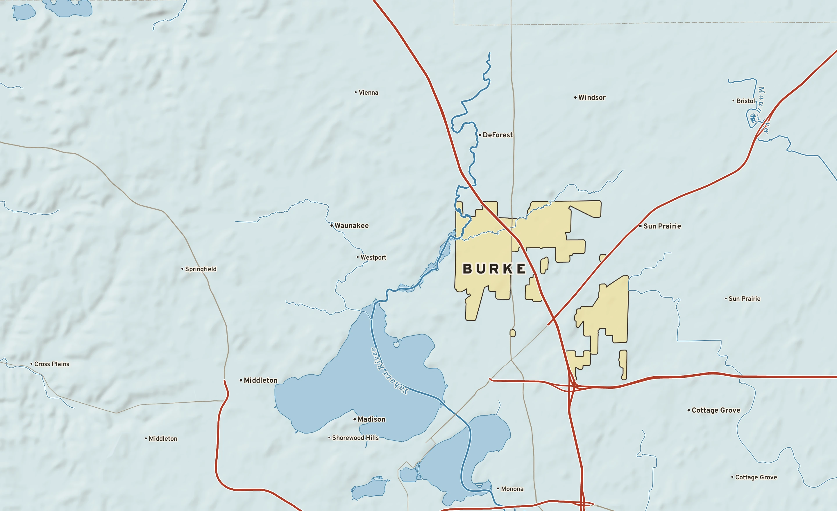 Shaded-relief atlas plate of Burke, Wisconsin: rivers, roads, the city limits and where the water drains.