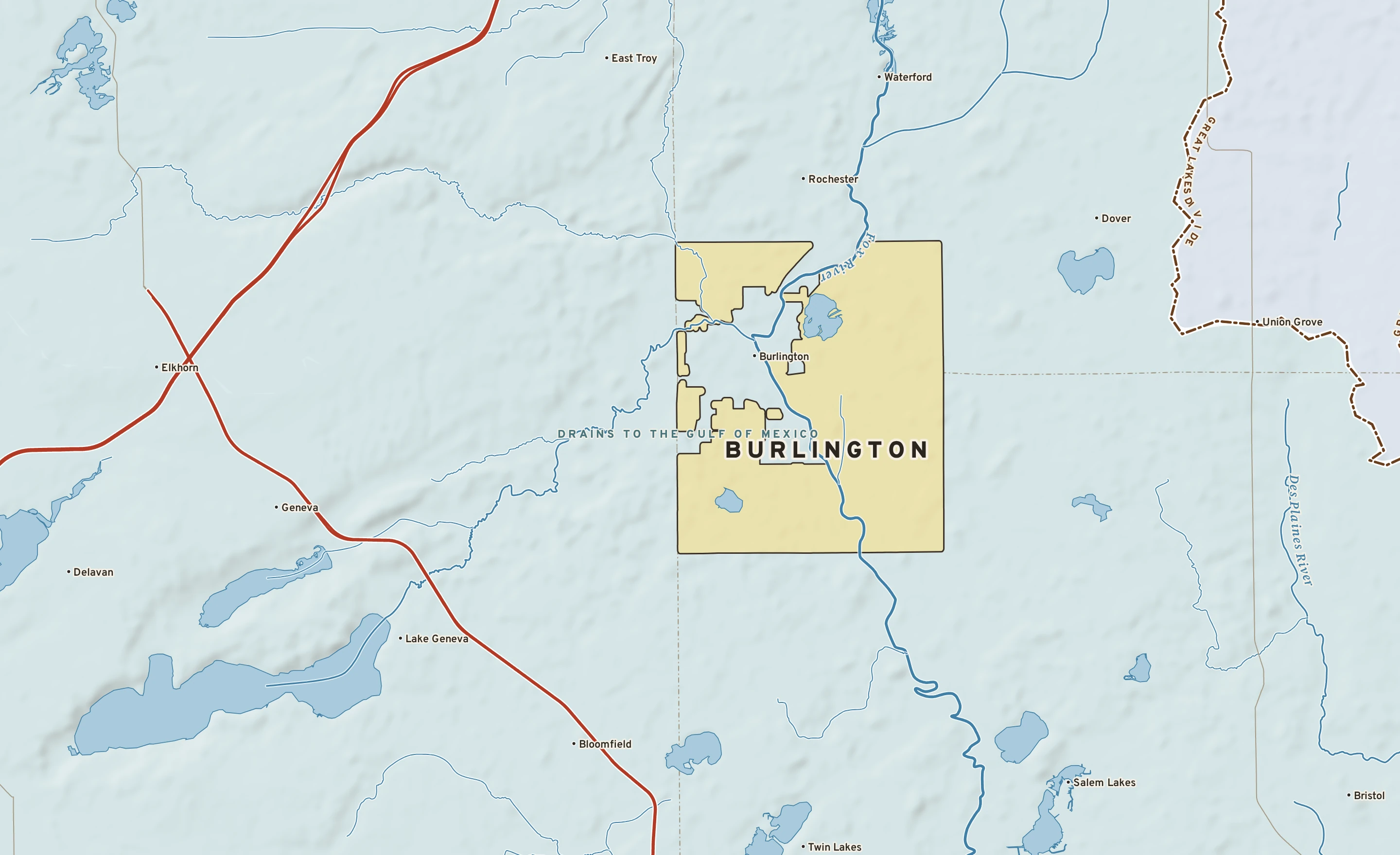 Shaded-relief atlas plate of Burlington, Wisconsin: rivers, roads, the city limits and where the water drains.