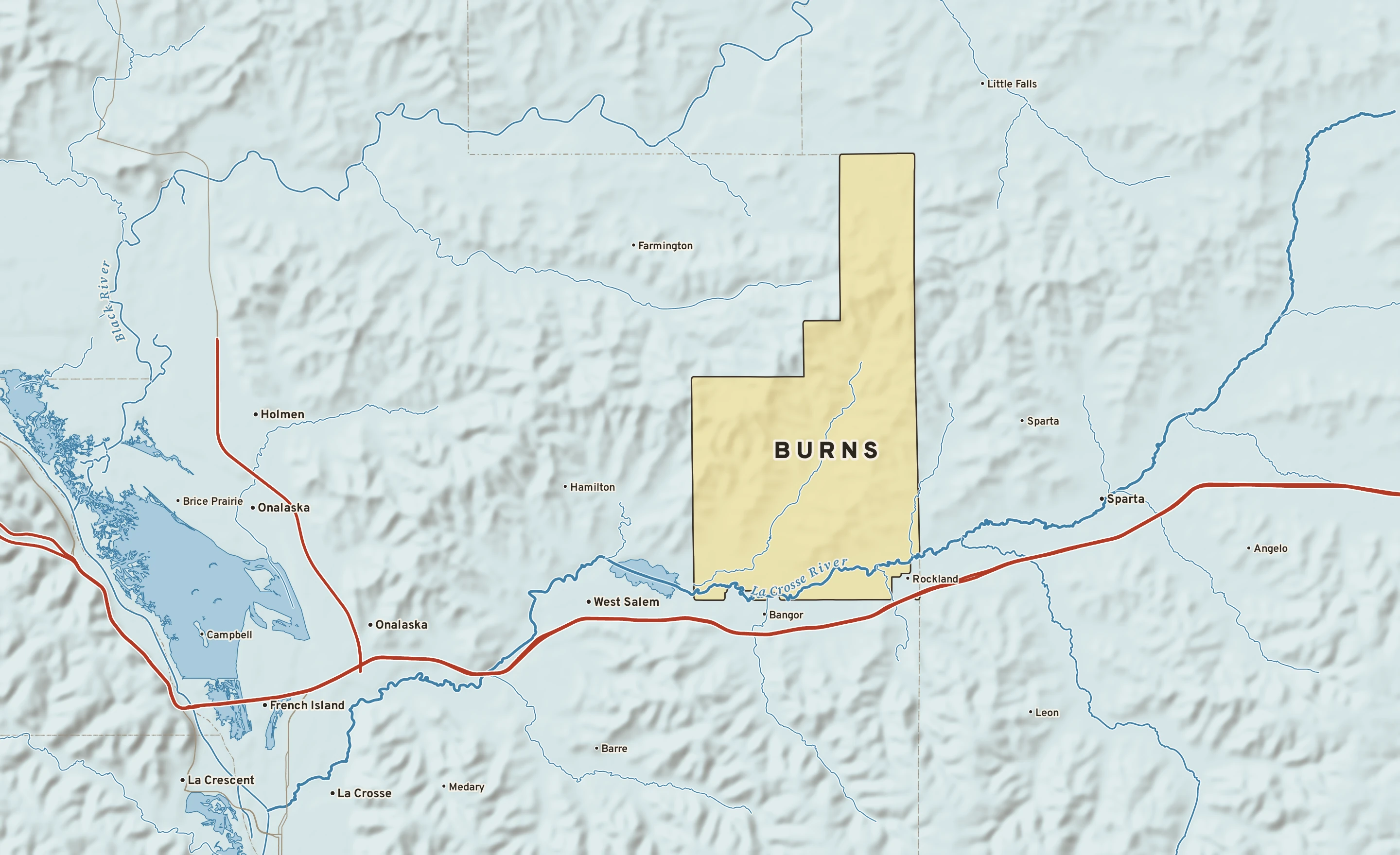 Shaded-relief atlas plate of Burns, Wisconsin: rivers, roads, the city limits and where the water drains.