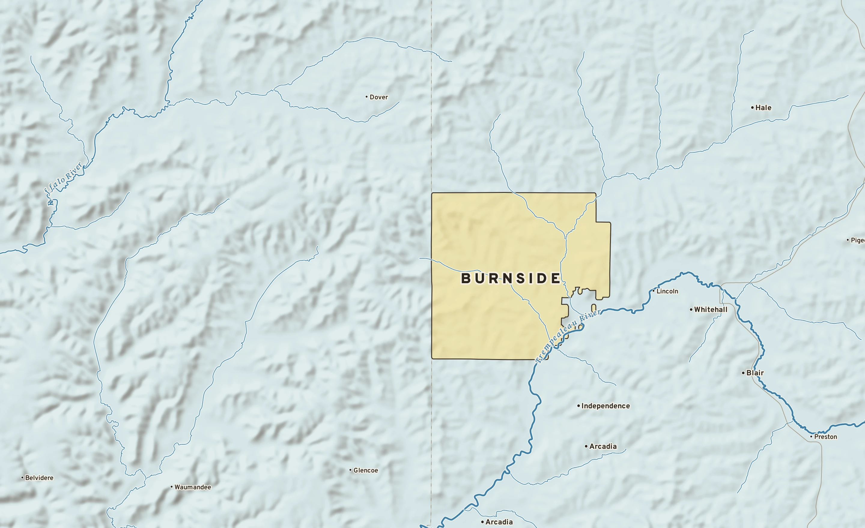 Shaded-relief atlas plate of Burnside, Wisconsin: rivers, roads, the city limits and where the water drains.