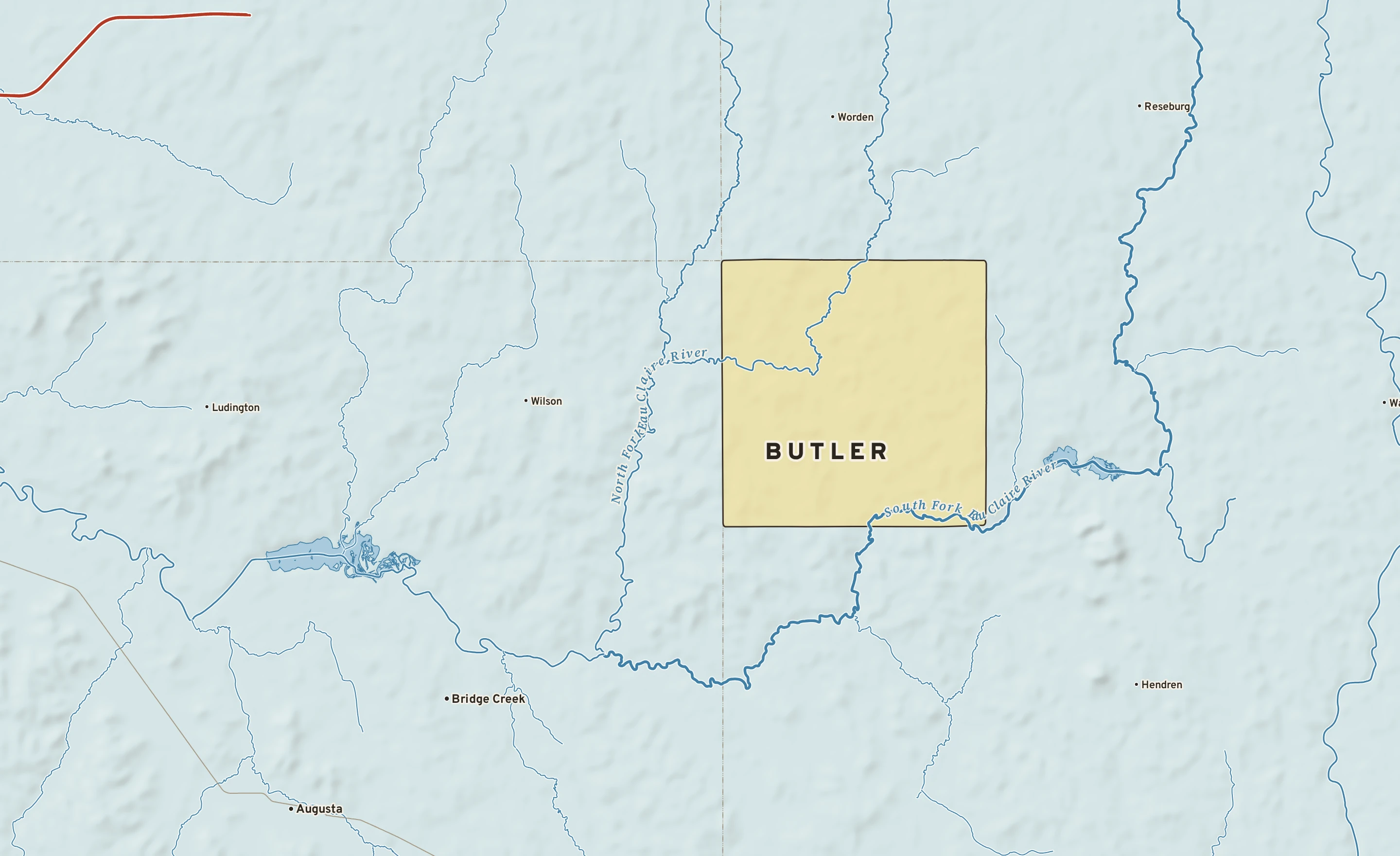 Shaded-relief atlas plate of Butler, Wisconsin: rivers, roads, the city limits and where the water drains.