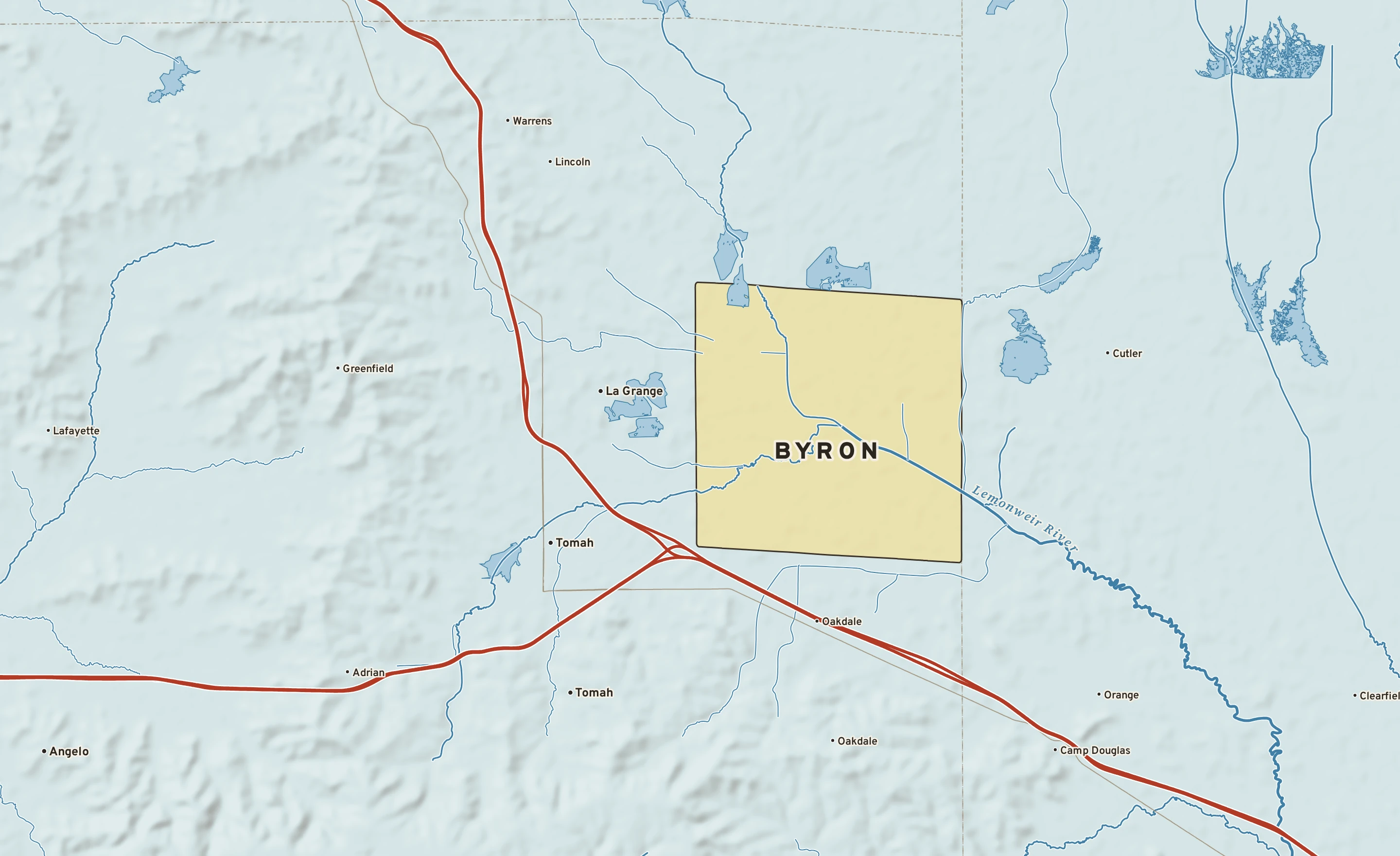 Shaded-relief atlas plate of Byron, Wisconsin: rivers, roads, the city limits and where the water drains.
