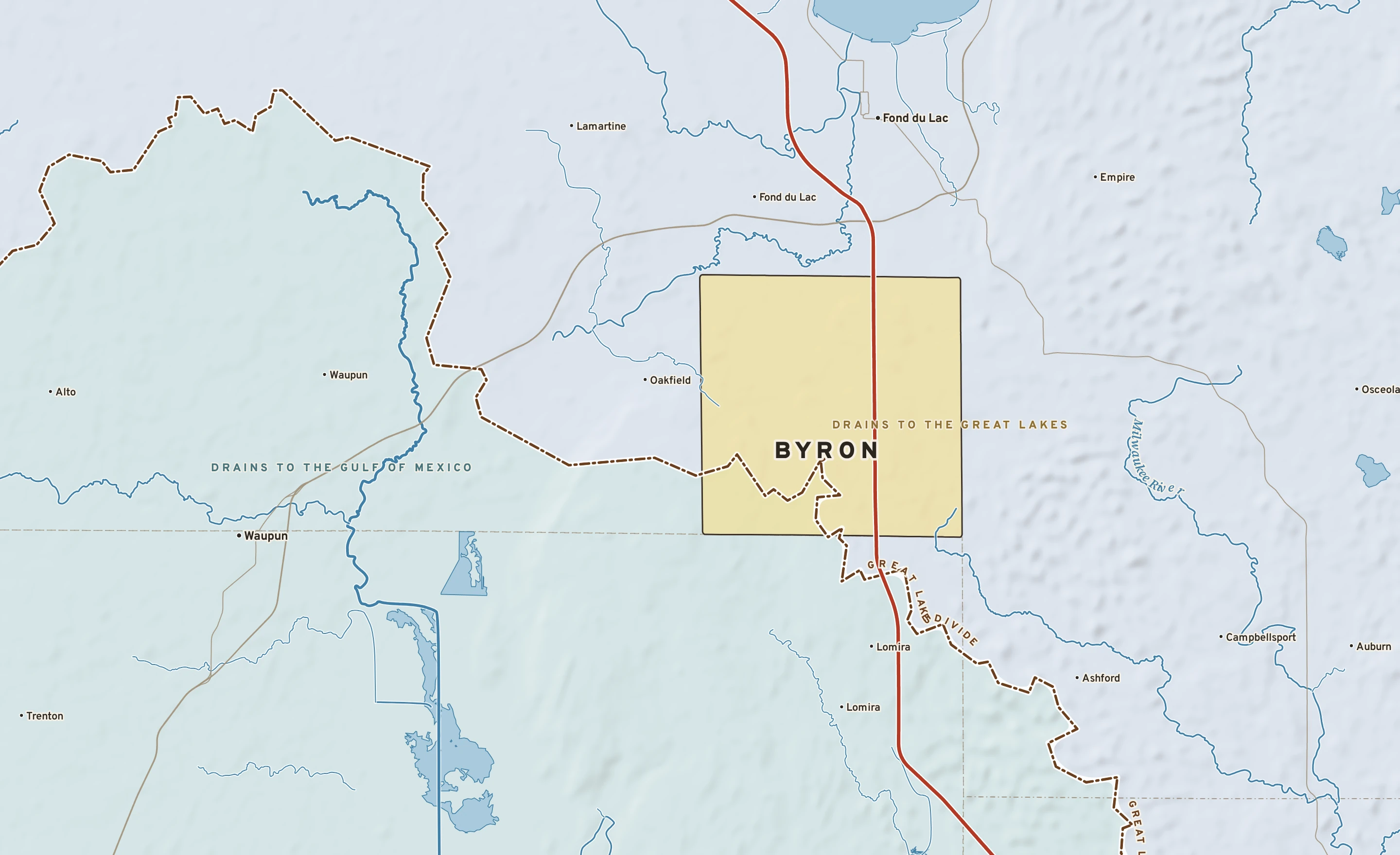 Shaded-relief atlas plate of Byron, Wisconsin: rivers, roads, the city limits and where the water drains.