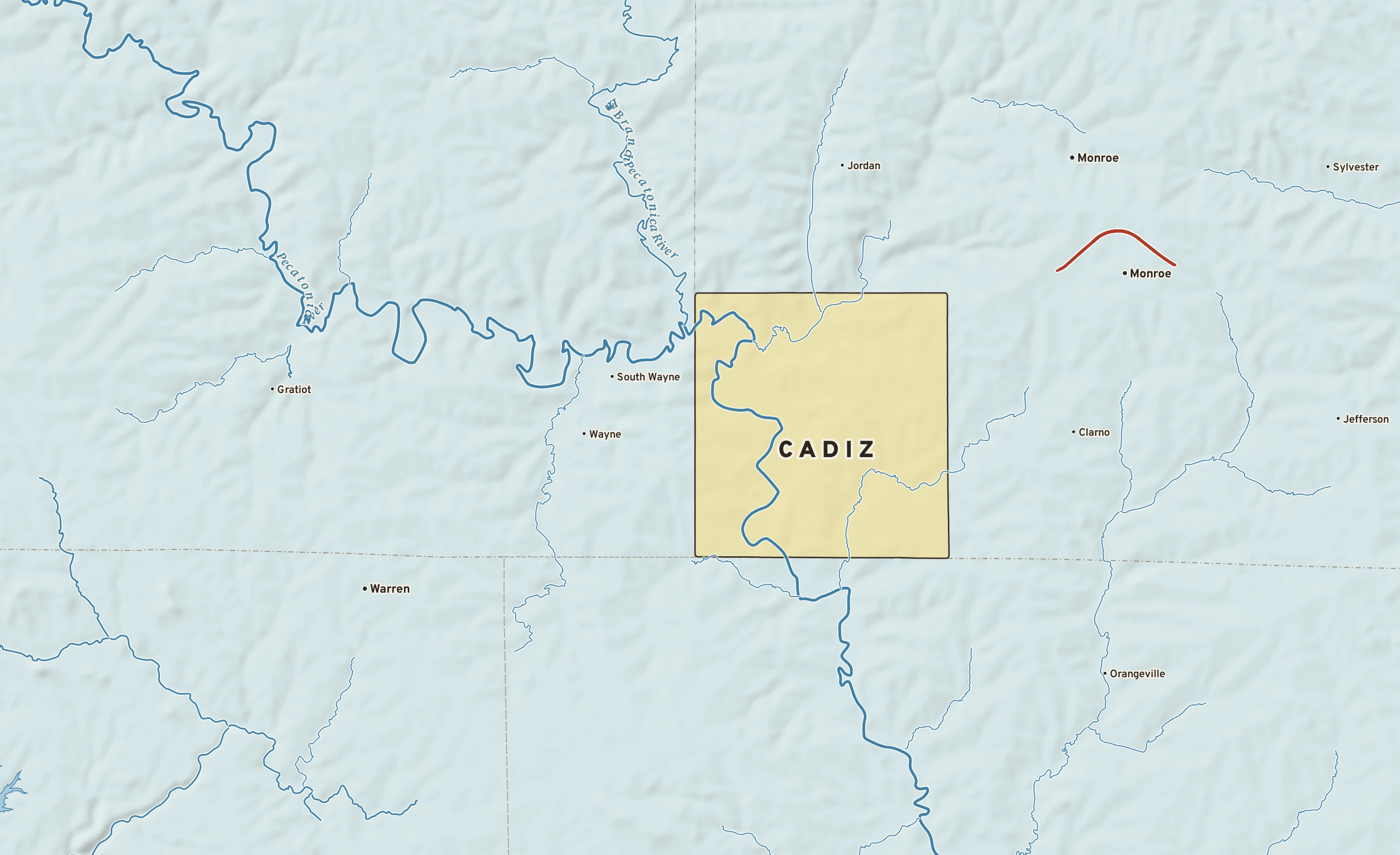Shaded-relief atlas plate of Cadiz, Wisconsin: rivers, roads, the city limits and where the water drains.