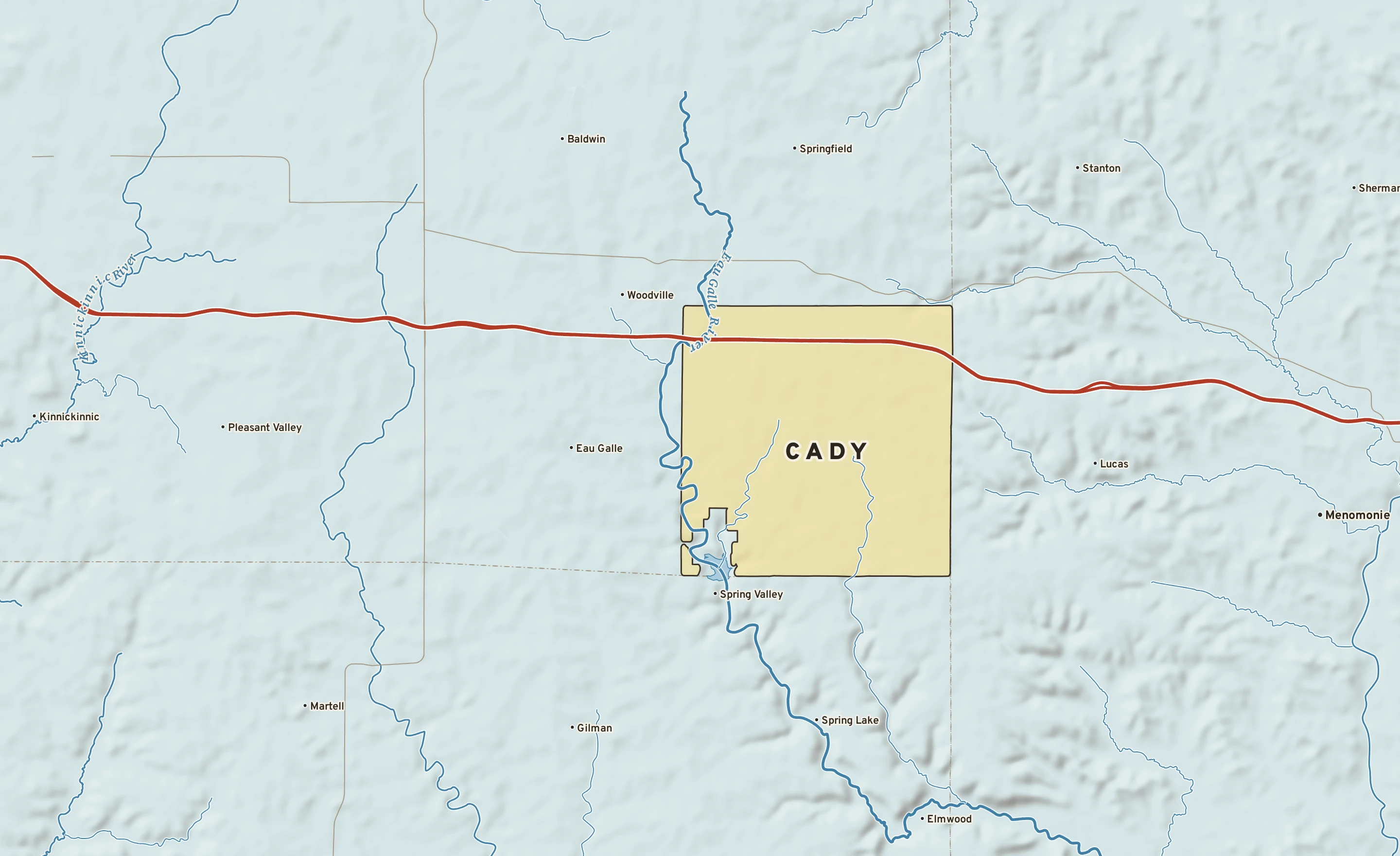 Shaded-relief atlas plate of Cady, Wisconsin: rivers, roads, the city limits and where the water drains.