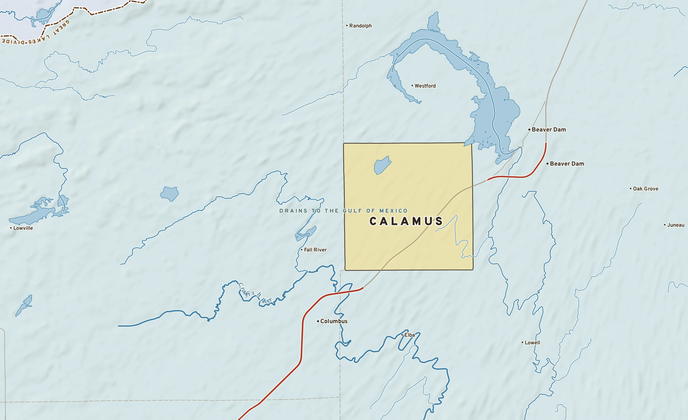 Shaded-relief atlas plate of Calamus, Wisconsin: rivers, roads, the city limits and where the water drains.