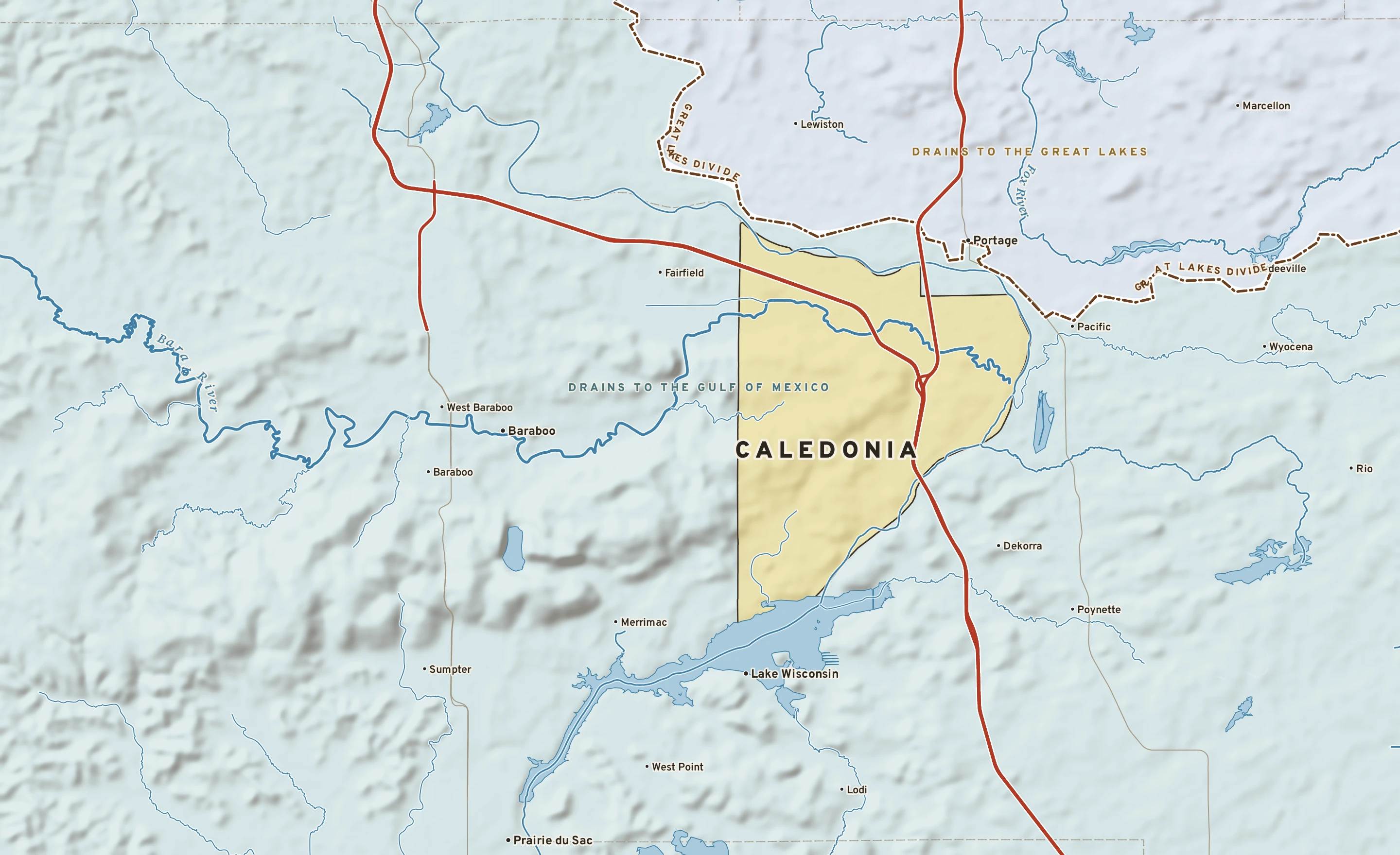 Shaded-relief atlas plate of Caledonia, Wisconsin: rivers, roads, the city limits and where the water drains.