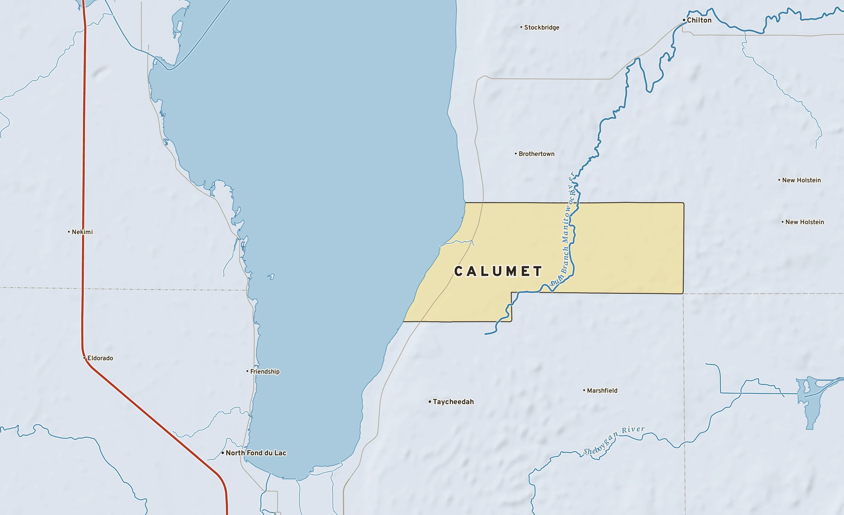 Shaded-relief atlas plate of Calumet, Wisconsin: rivers, roads, the city limits and where the water drains.