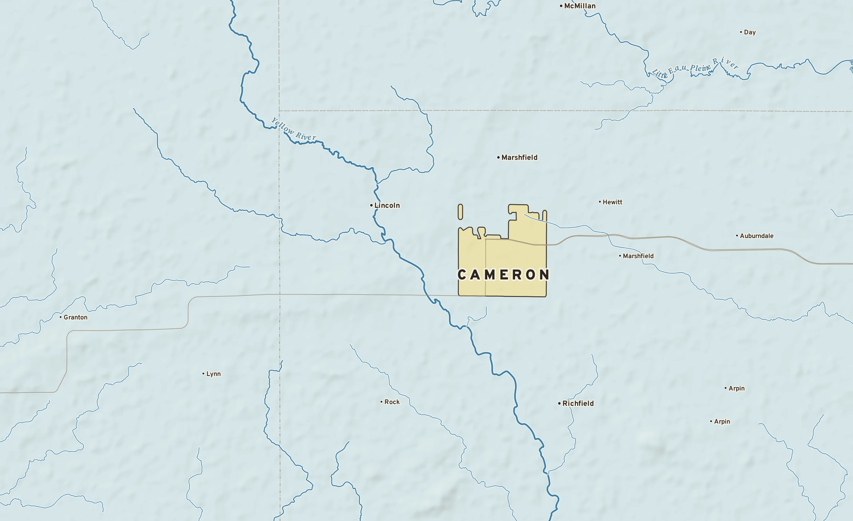 Shaded-relief atlas plate of Cameron, Wisconsin: rivers, roads, the city limits and where the water drains.