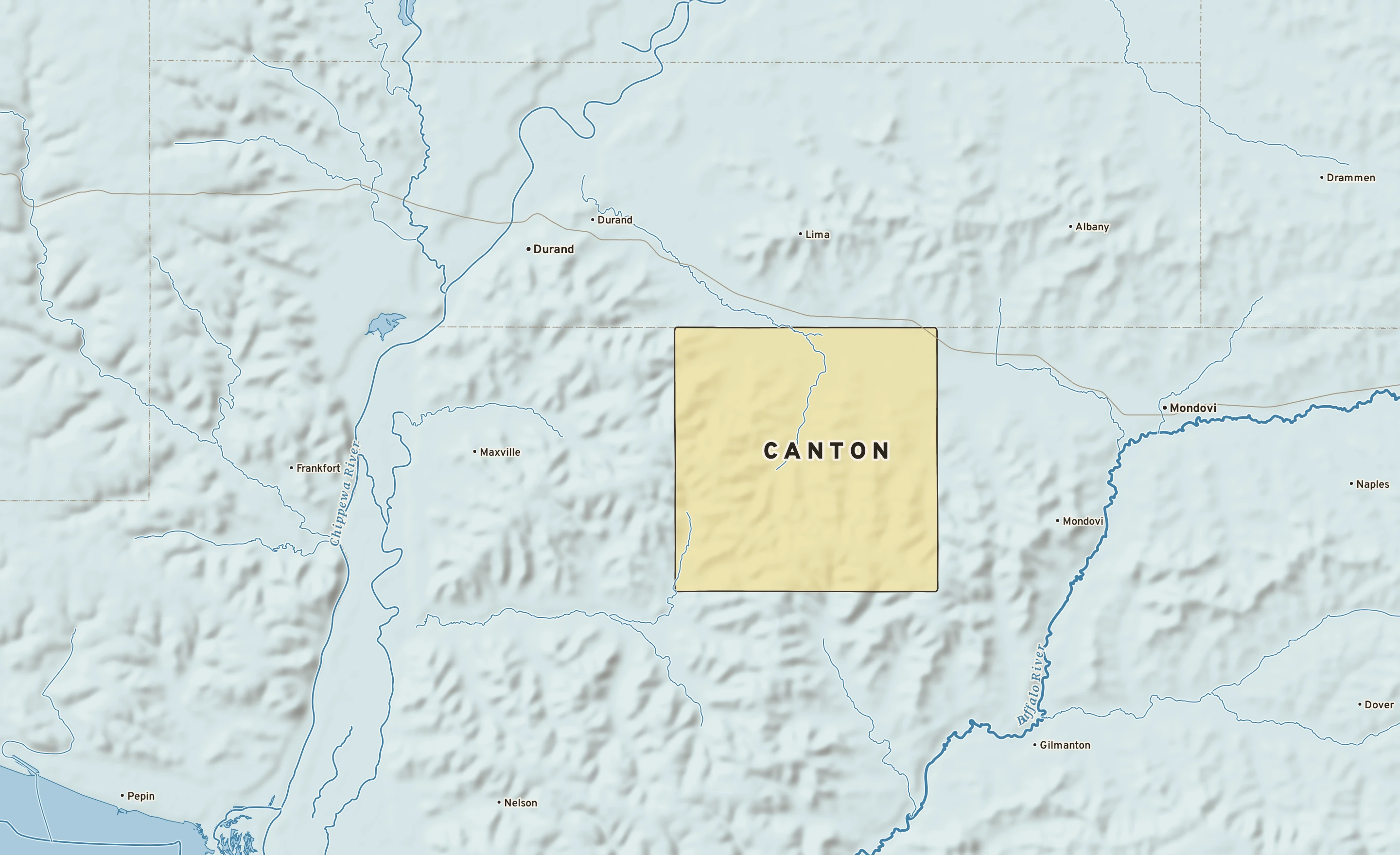 Shaded-relief atlas plate of Canton, Wisconsin: rivers, roads, the city limits and where the water drains.