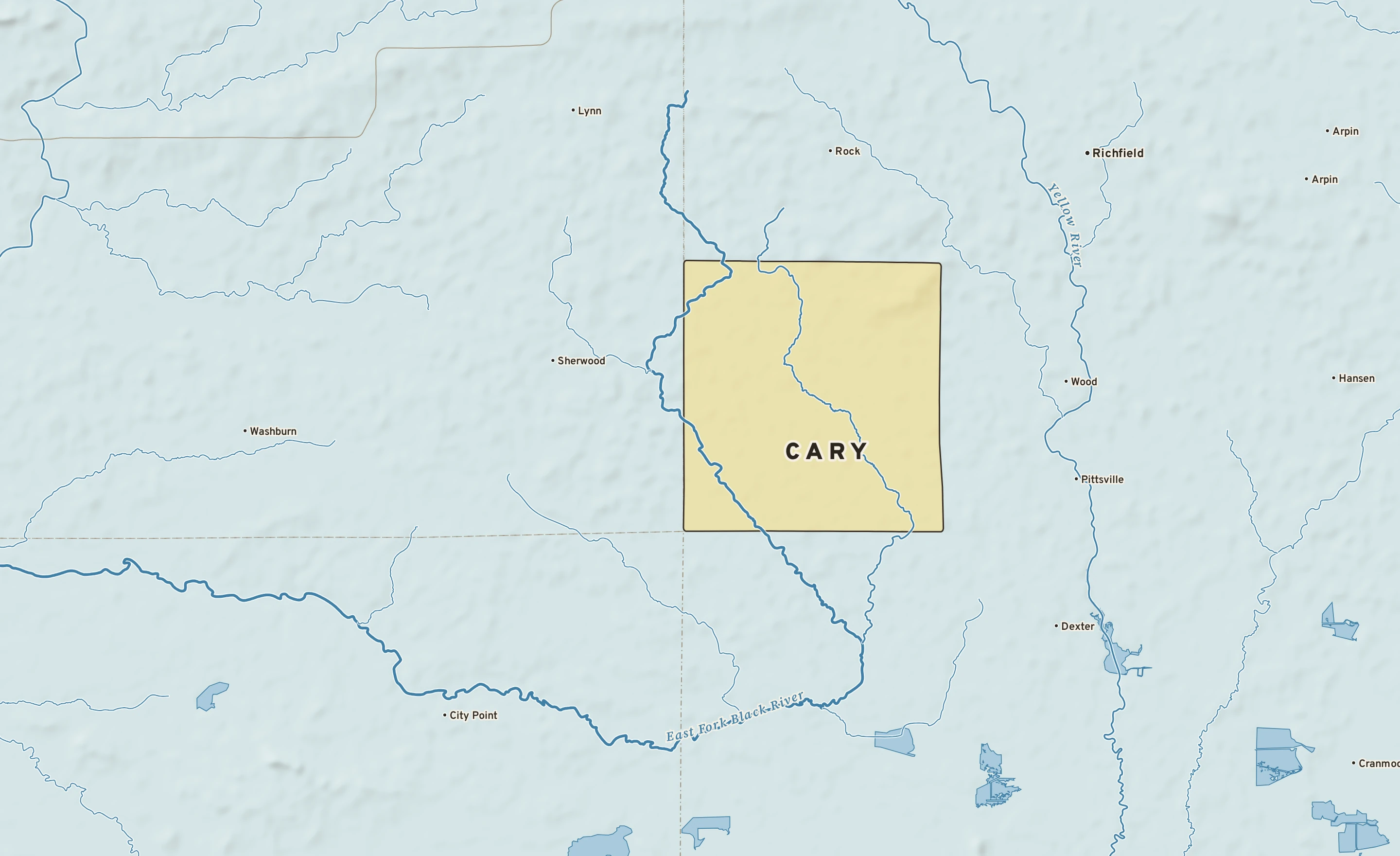 Shaded-relief atlas plate of Cary, Wisconsin: rivers, roads, the city limits and where the water drains.