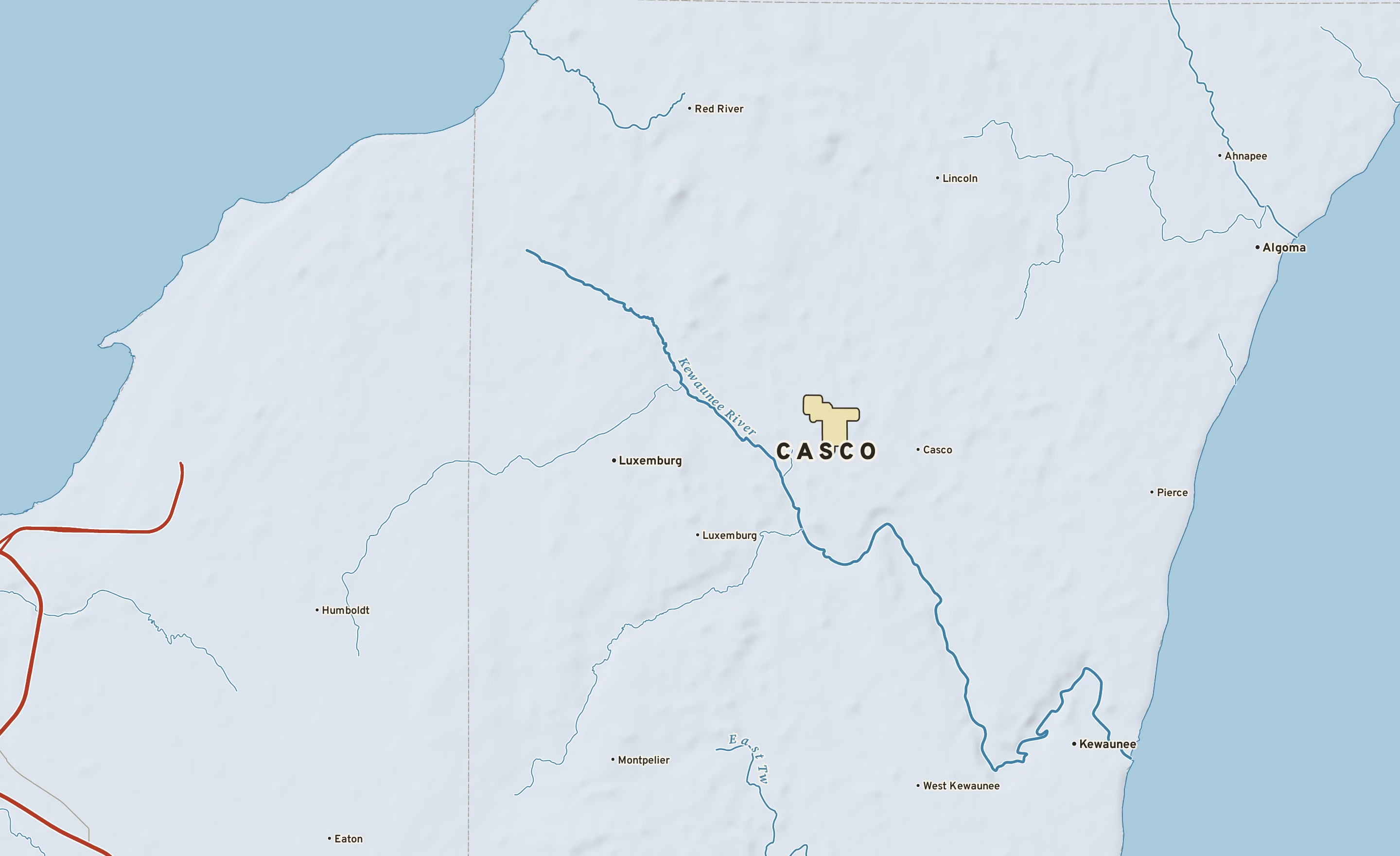 Shaded-relief atlas plate of Casco, Wisconsin: rivers, roads, the city limits and where the water drains.