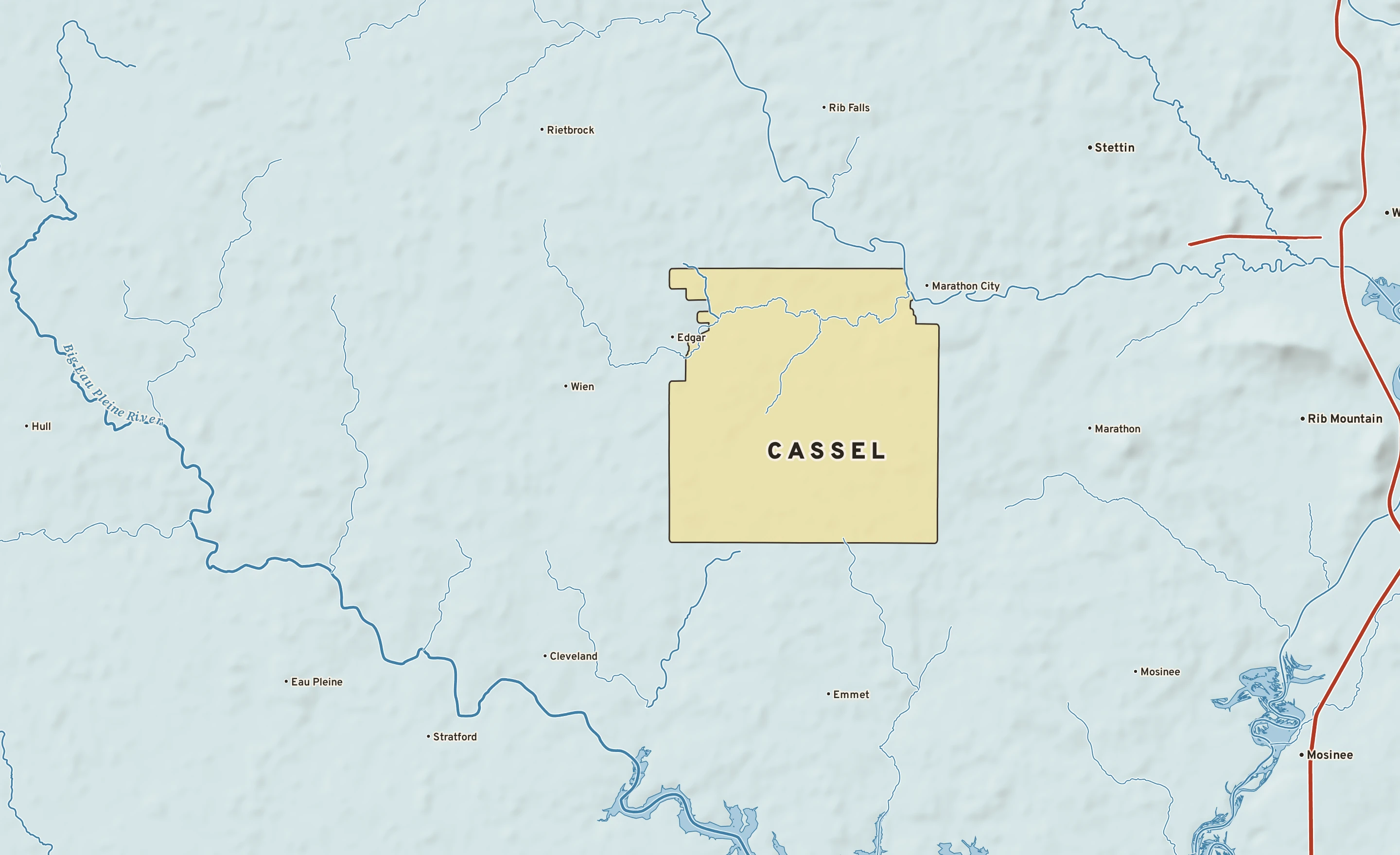 Shaded-relief atlas plate of Cassel, Wisconsin: rivers, roads, the city limits and where the water drains.